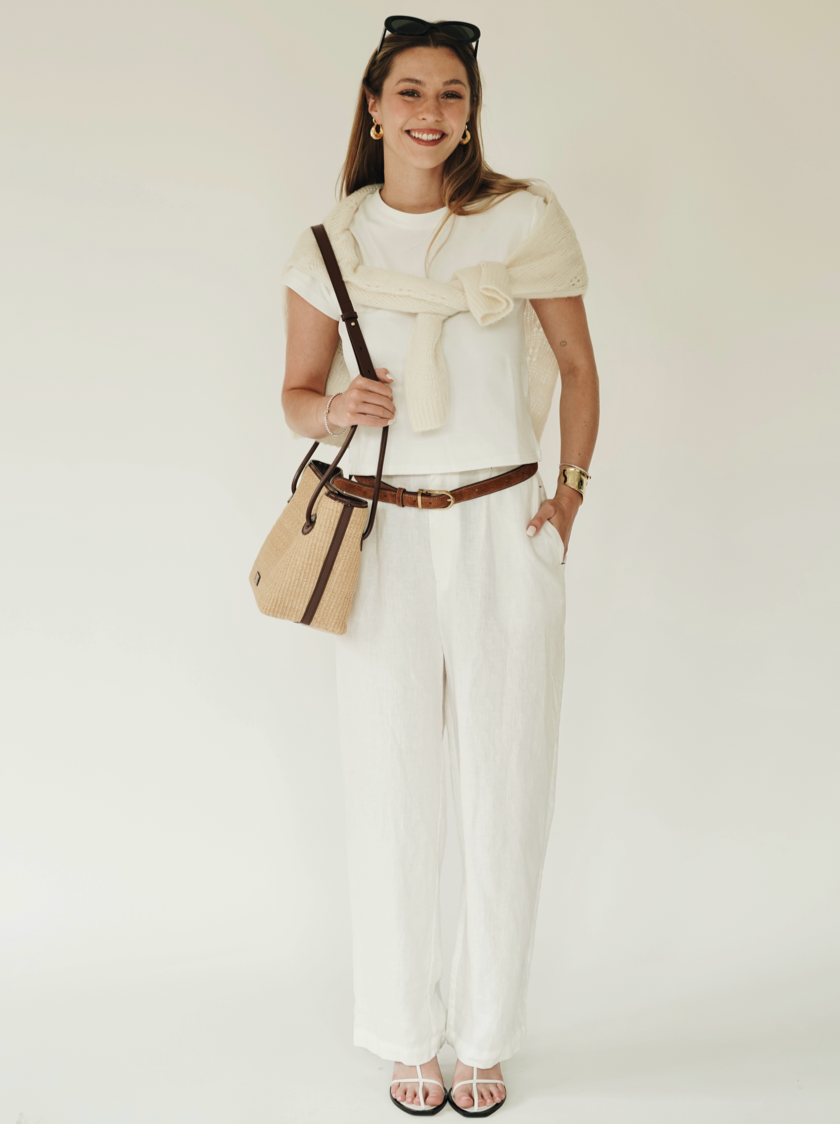 Leather-trimmed Raffia Bucket Bag (Final Sale)