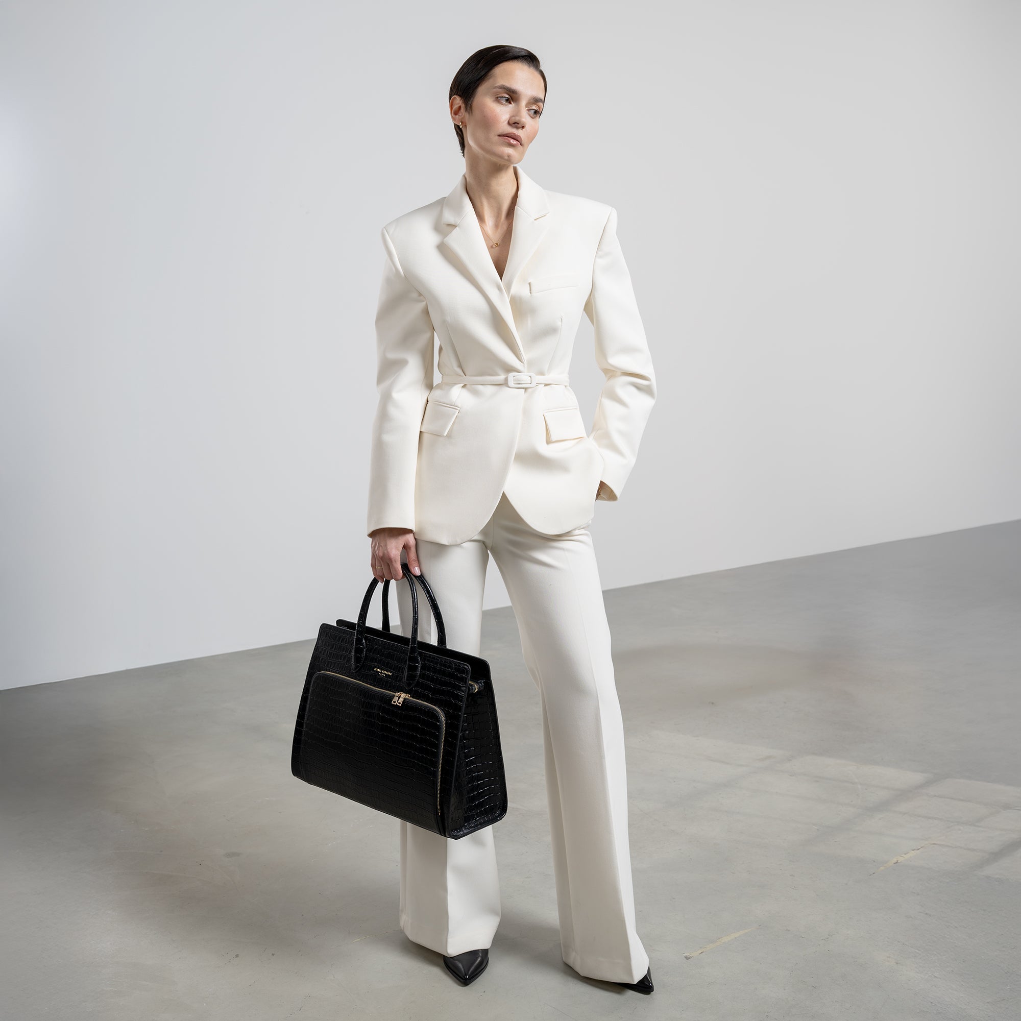 Honoré Nadine croco black leather handbag with 16.4 inch laptop pocket