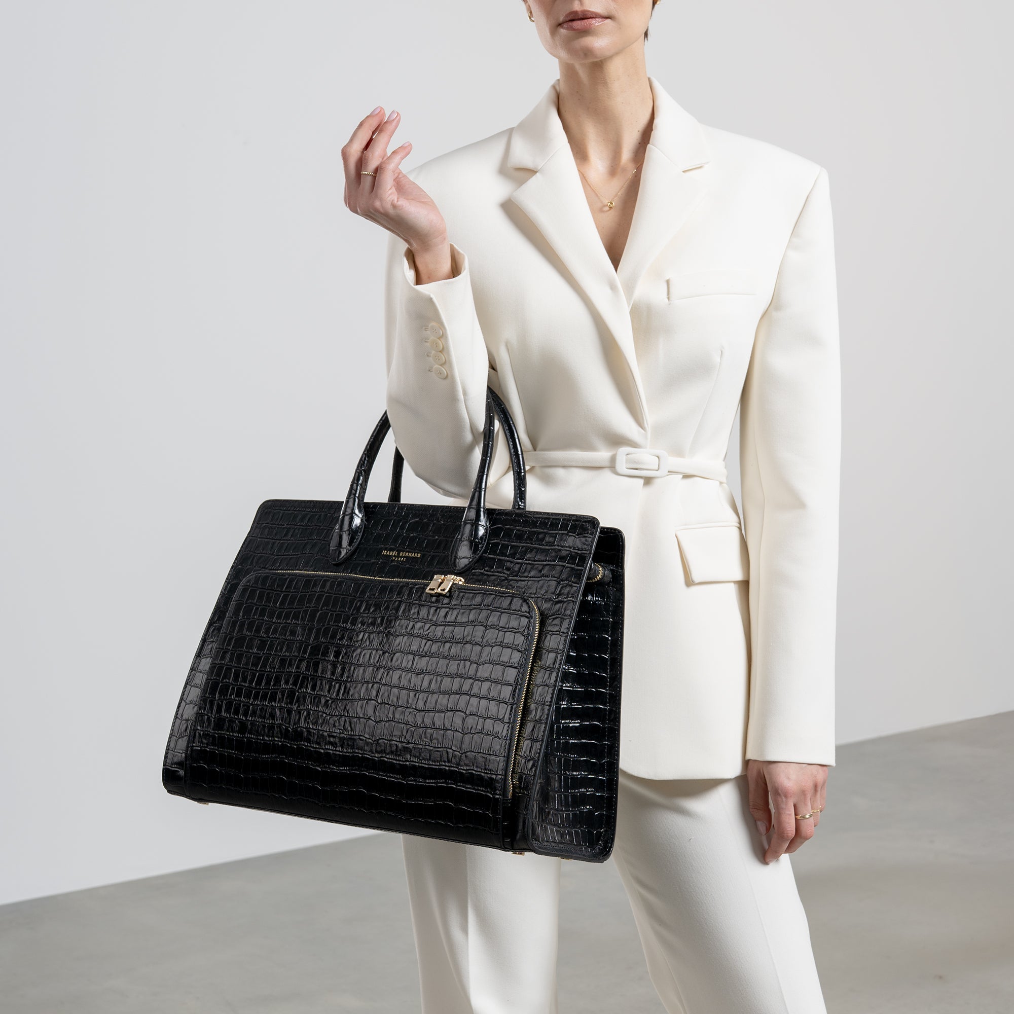 Honoré Nadine croco black leather handbag with 16.4 inch laptop pocket