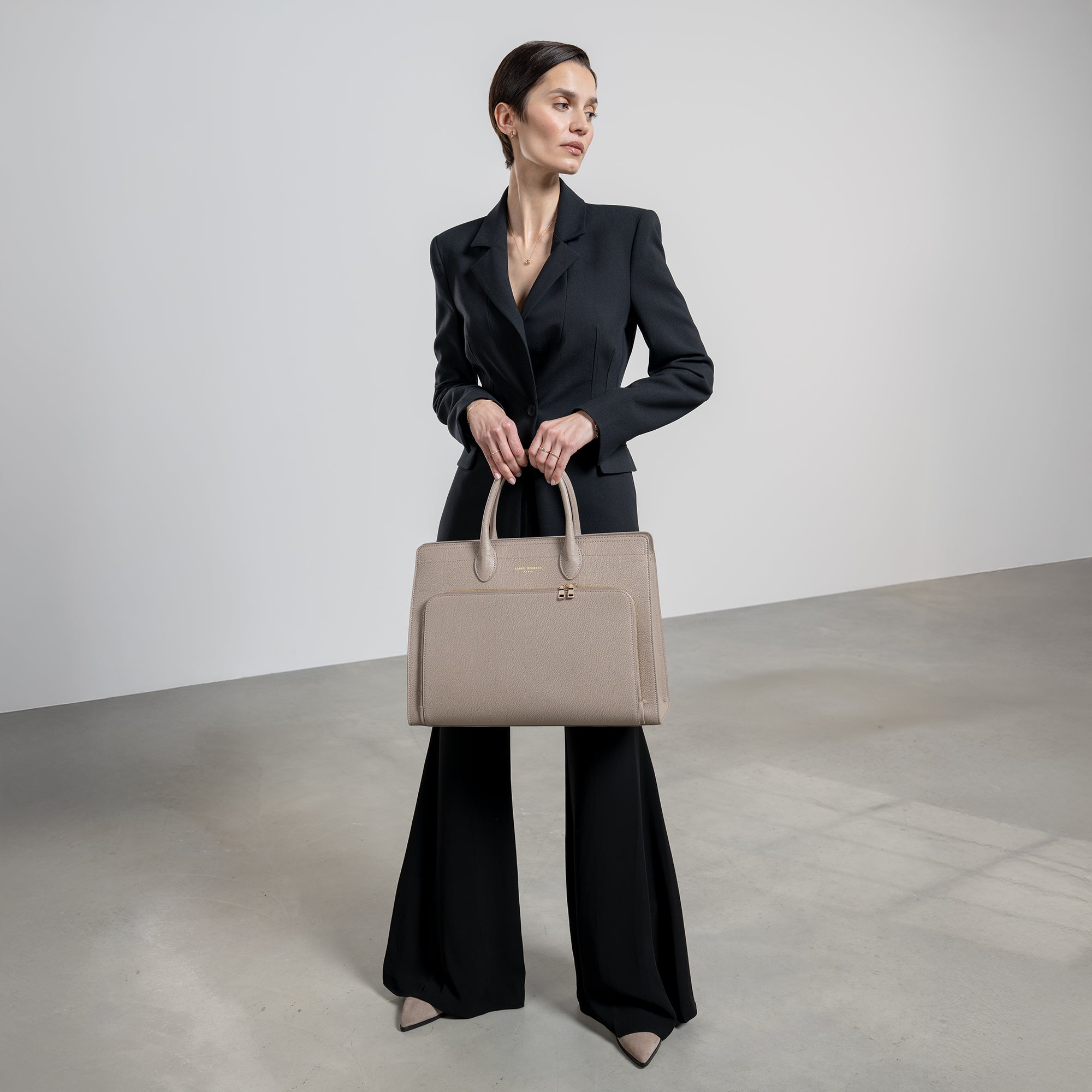 Honoré Nadine taupe calfskin leather handbag with 16.4 inch laptop pocket