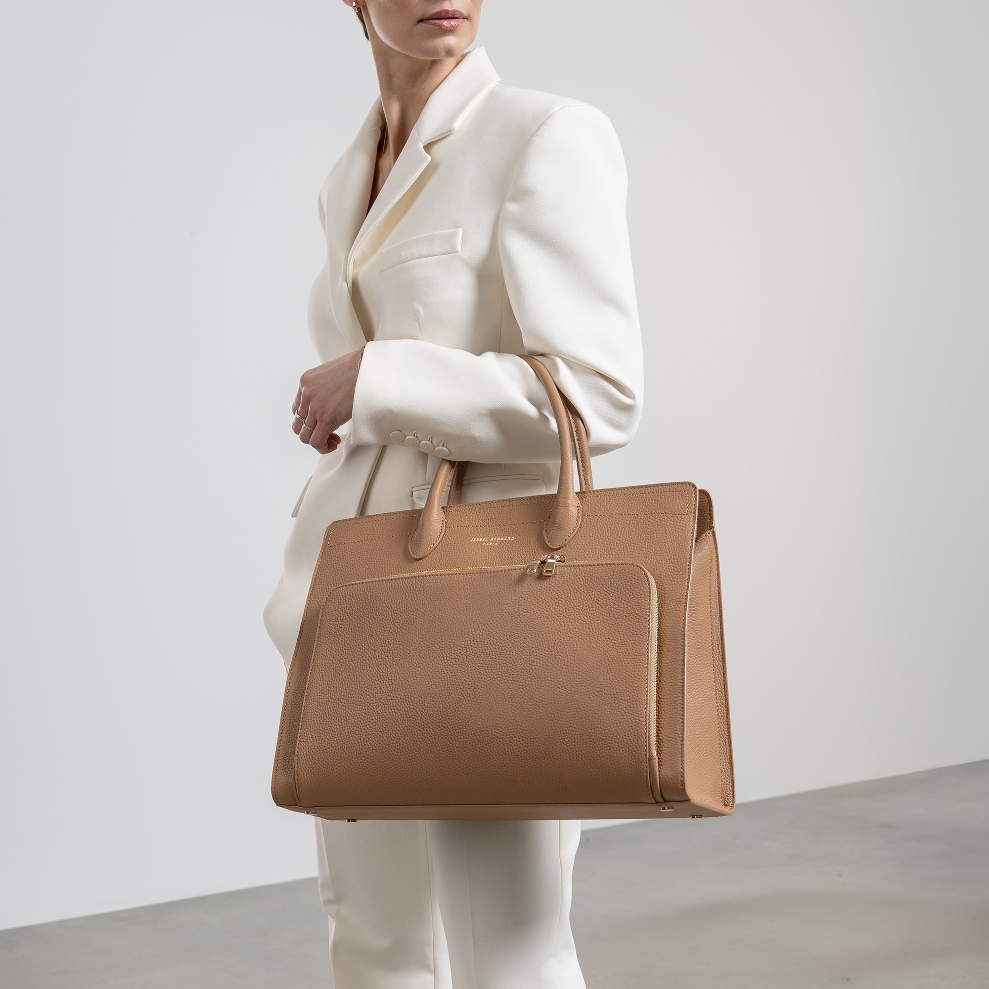 Honoré Nadine camel calfskin leather handbag with 16.4 inch laptop pocket