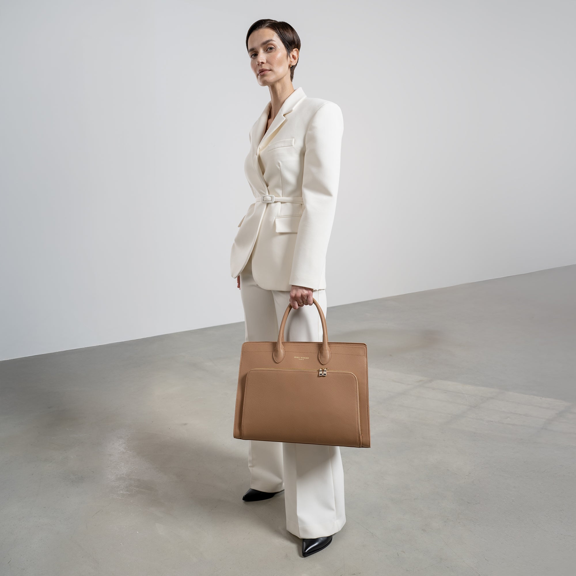 Honoré Nadine camel calfskin leather handbag with 16.4 inch laptop pocket