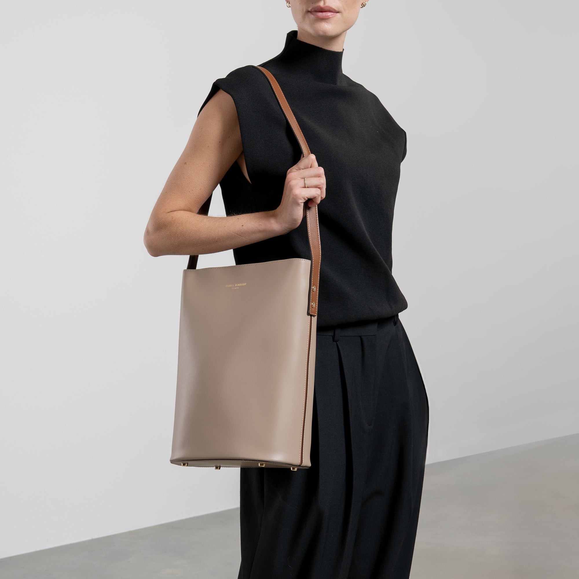 Honoré Lora taupe calfskin leather shoulder bag with laptop pocket