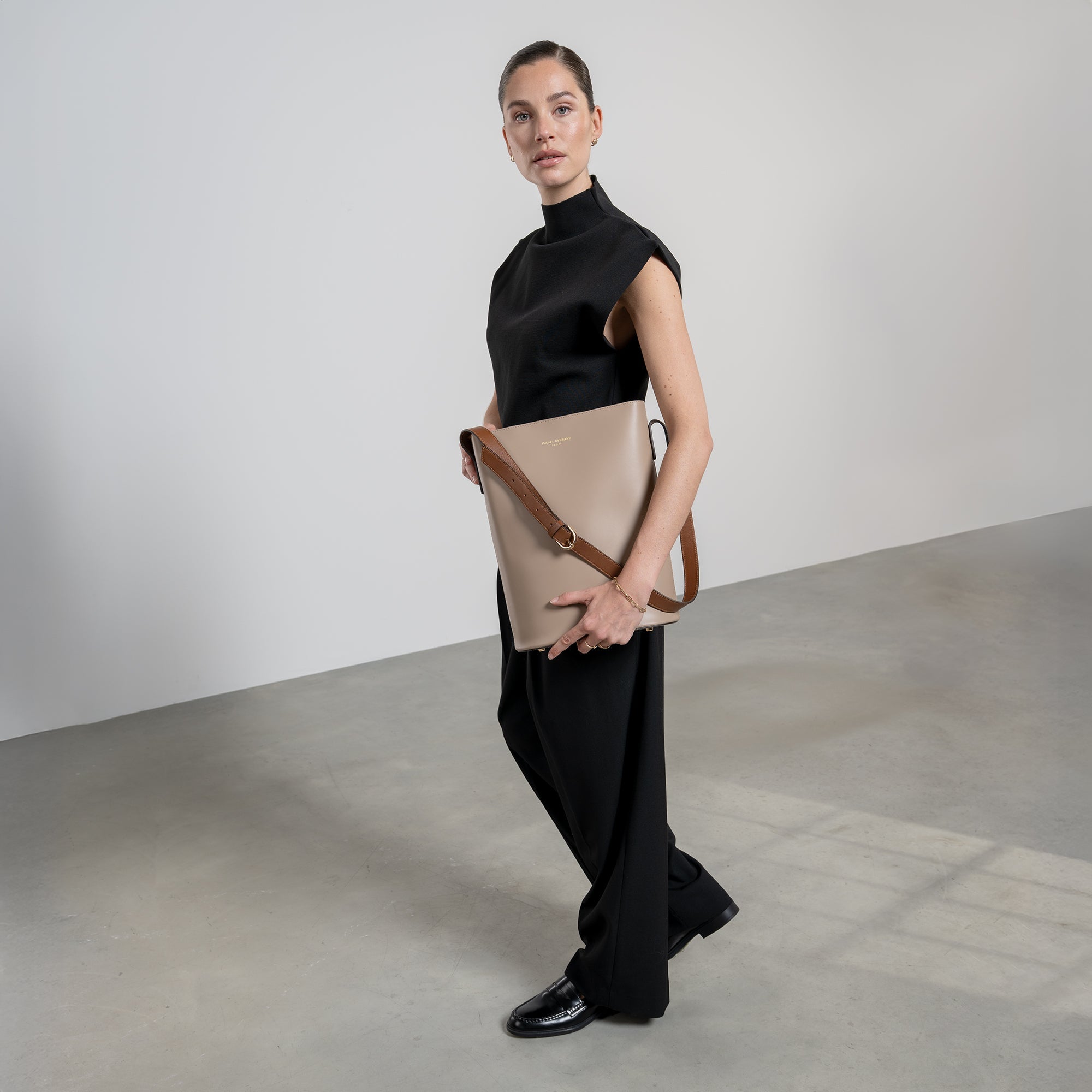 Honoré Lora taupe calfskin leather shoulder bag with laptop pocket