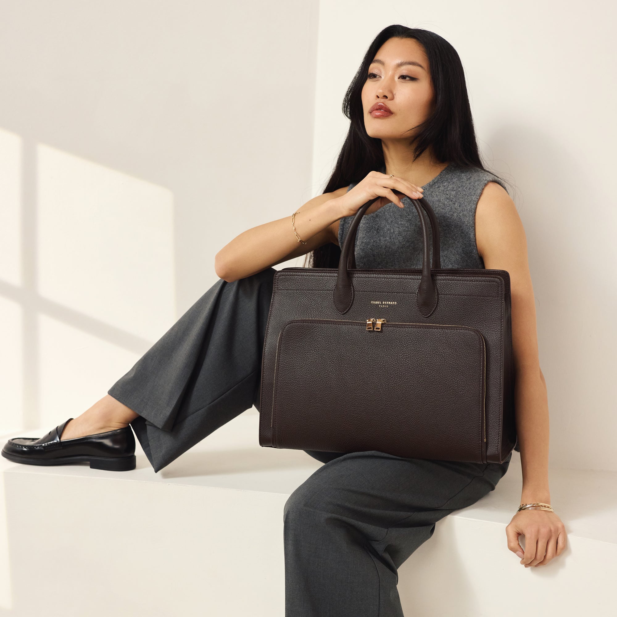 Honoré Nadine brown calfskin leather handbag with 16.4 inch laptop pocket