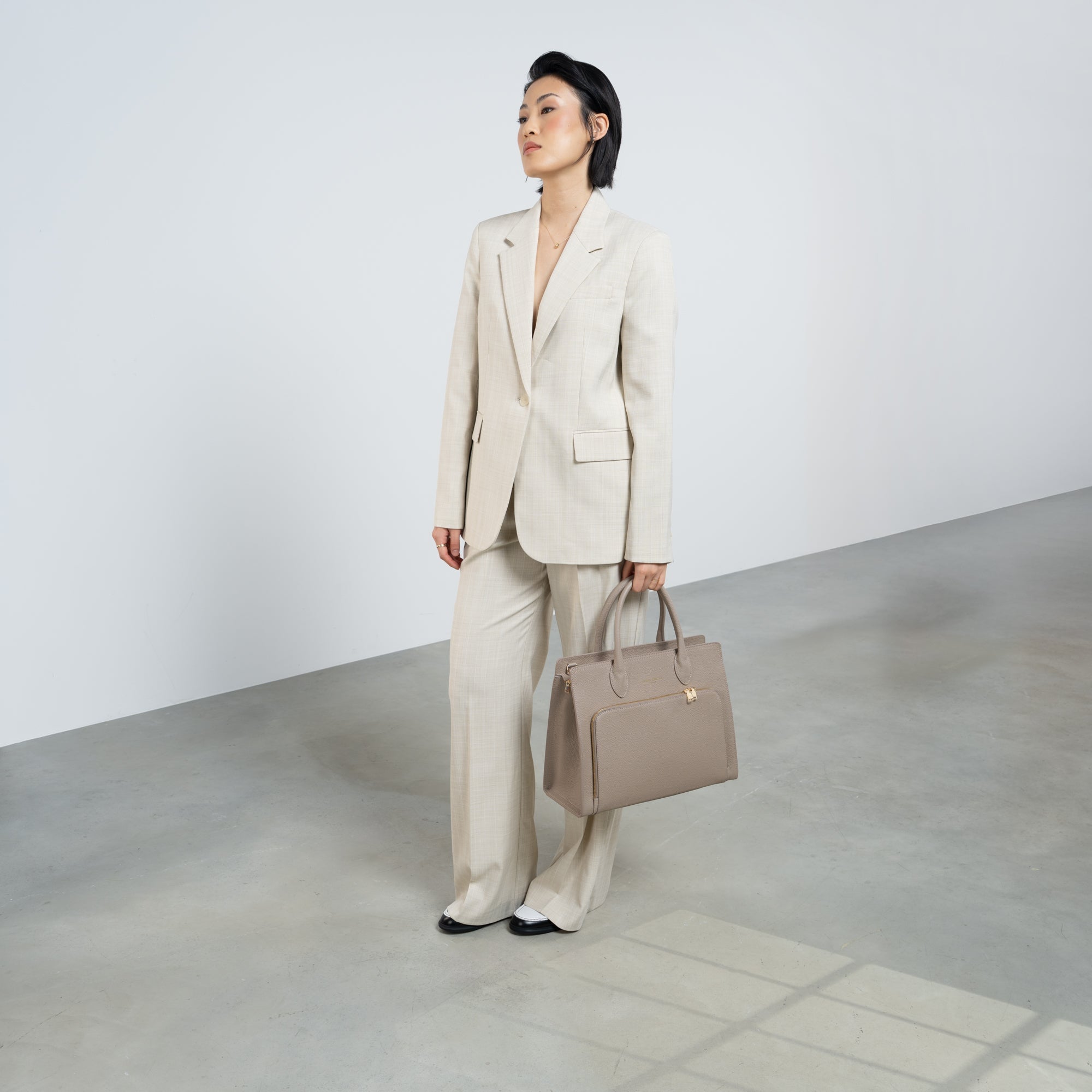 Honoré Nadine taupe calfskin leather handbag with 13 inch laptop pocket