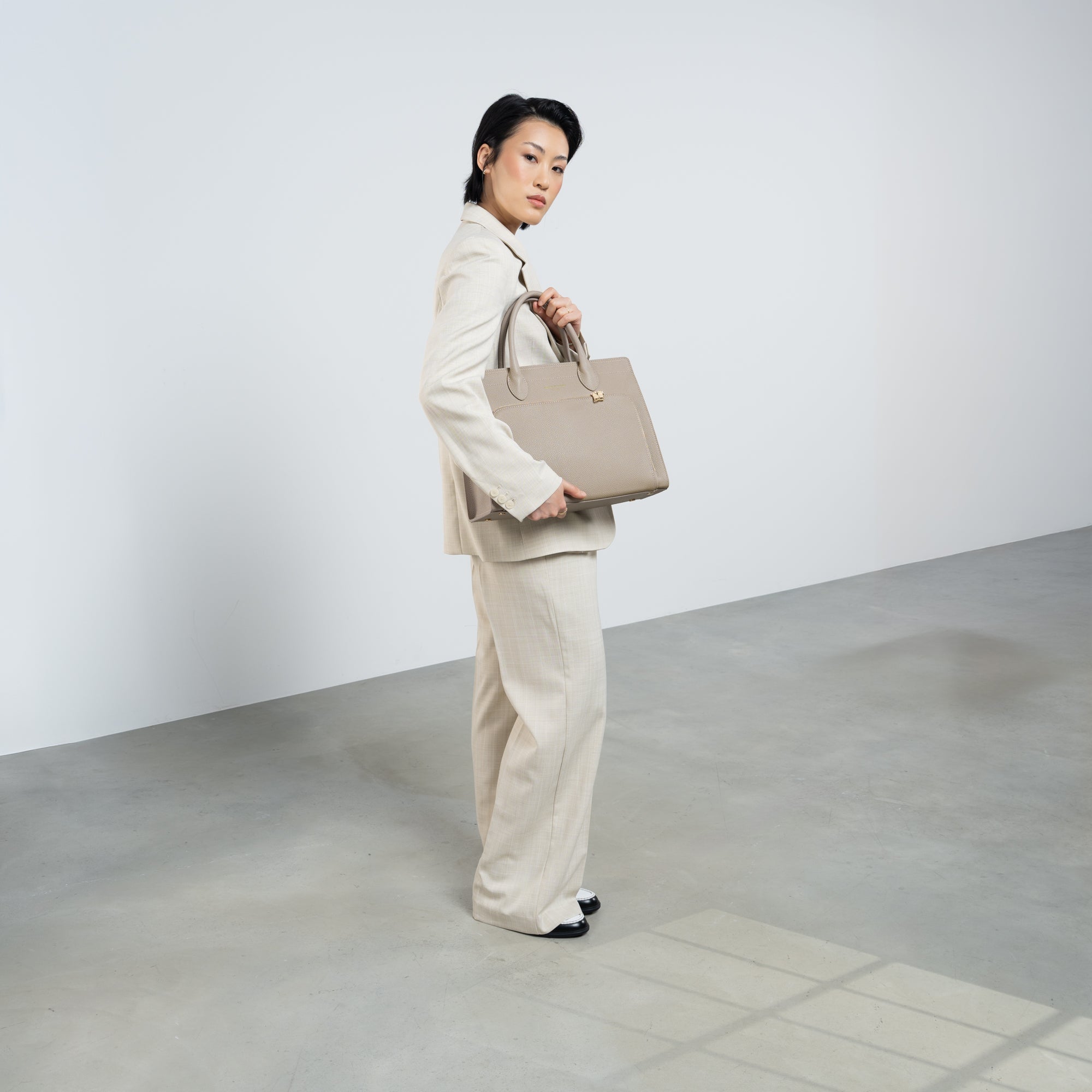 Honoré Nadine taupe calfskin leather handbag with 13 inch laptop pocket