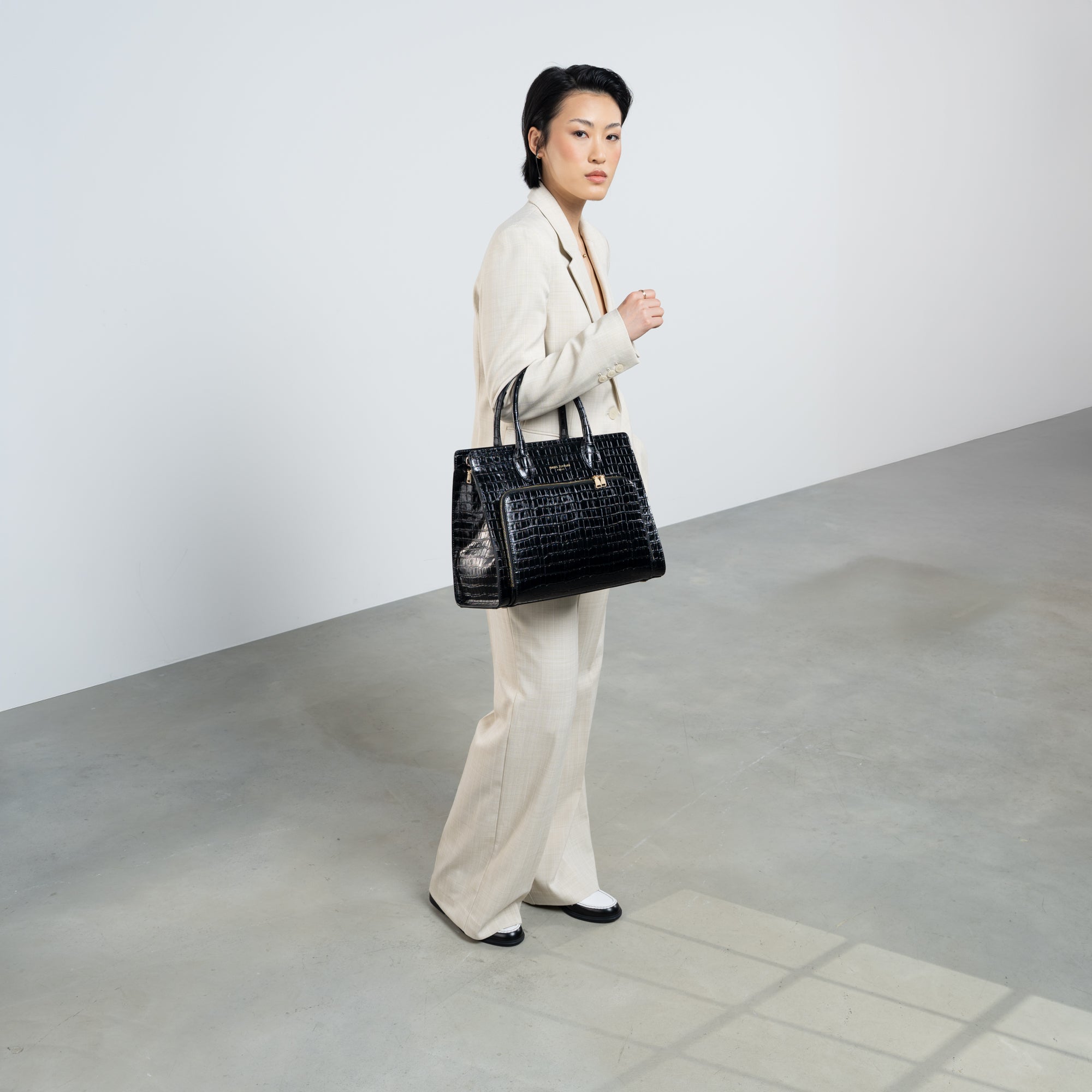 Honoré Nadine croco black leather handbag with 13 inch laptop pocket