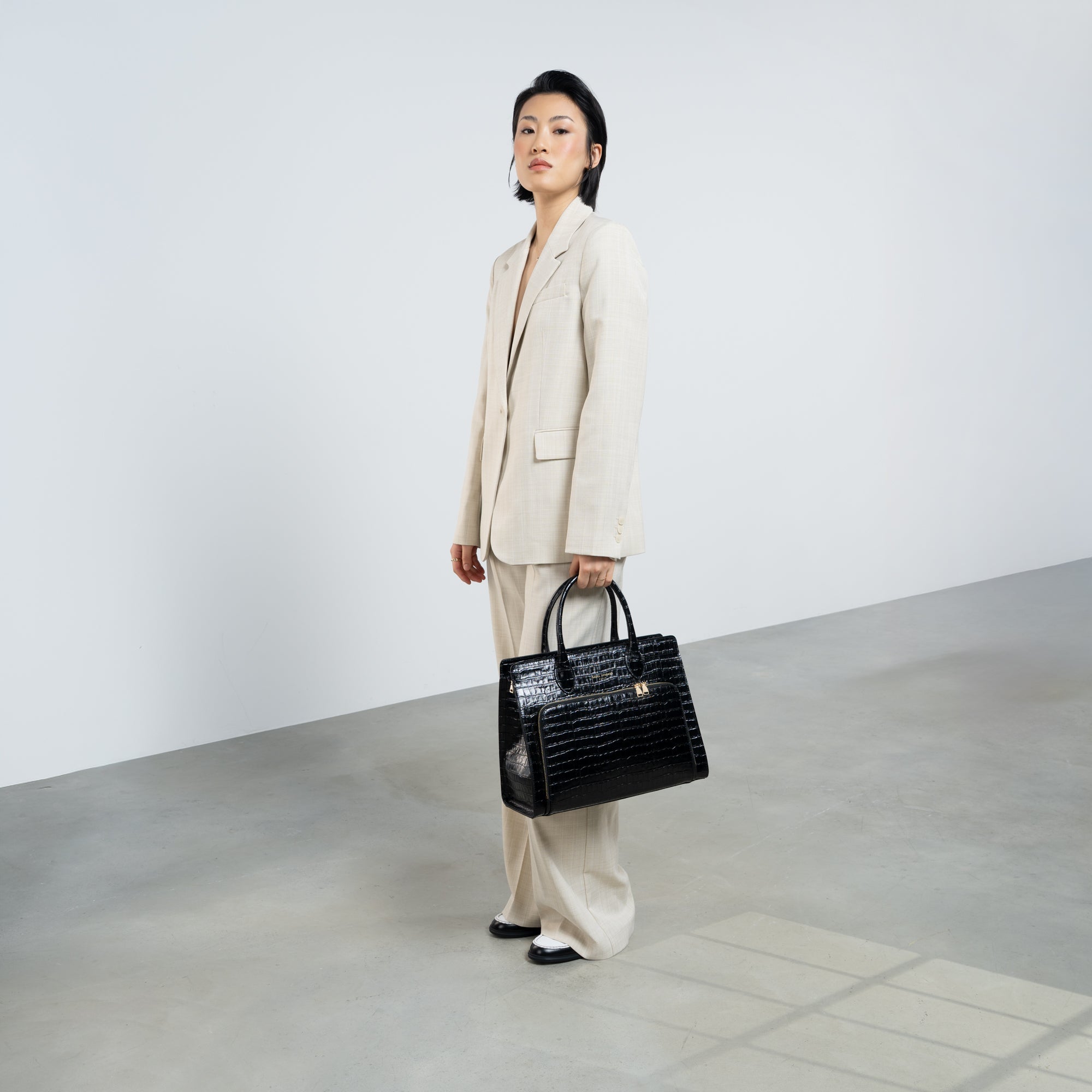 Honoré Nadine croco black leather handbag with 13 inch laptop pocket