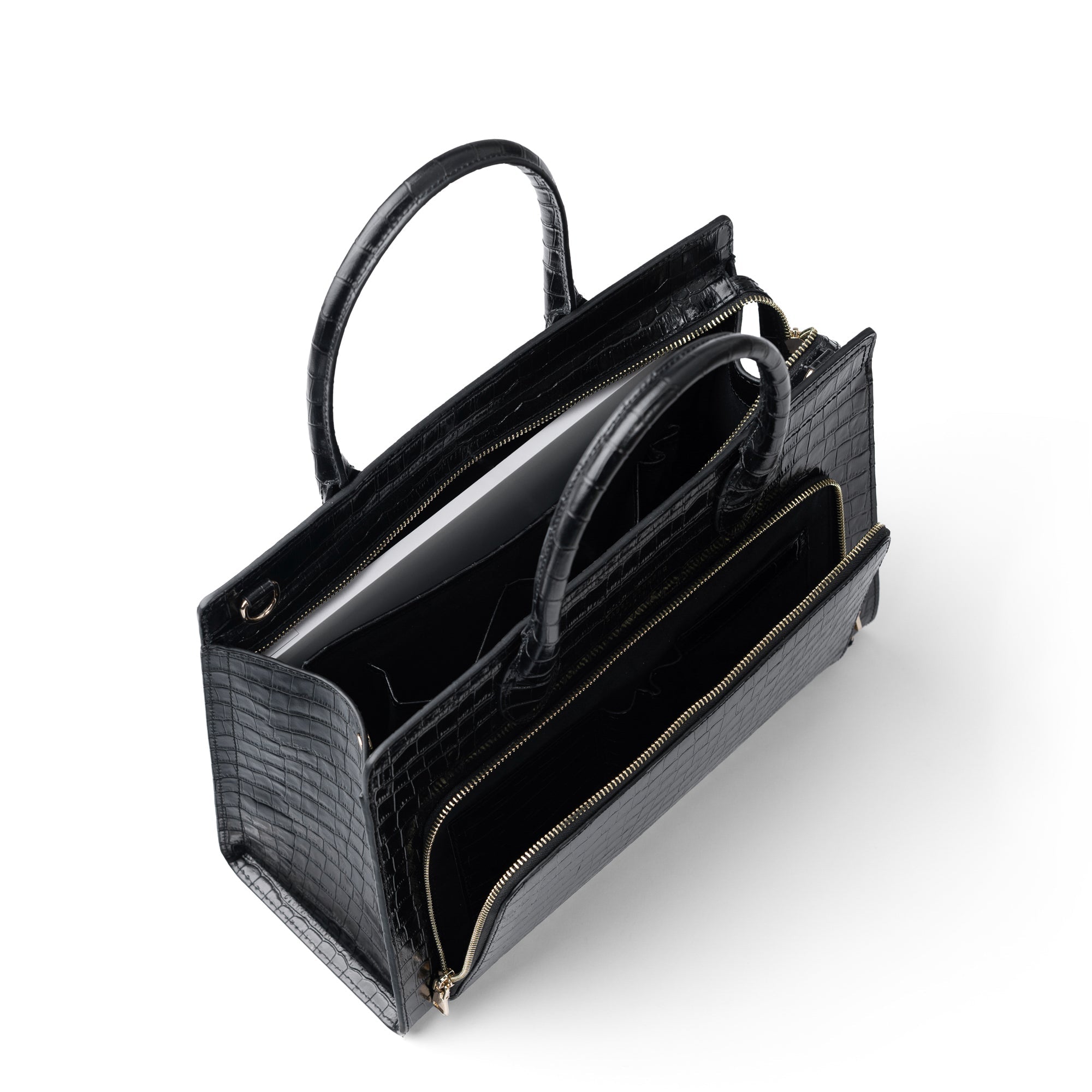 Honoré Nadine croco black leather handbag with 13 inch laptop pocket