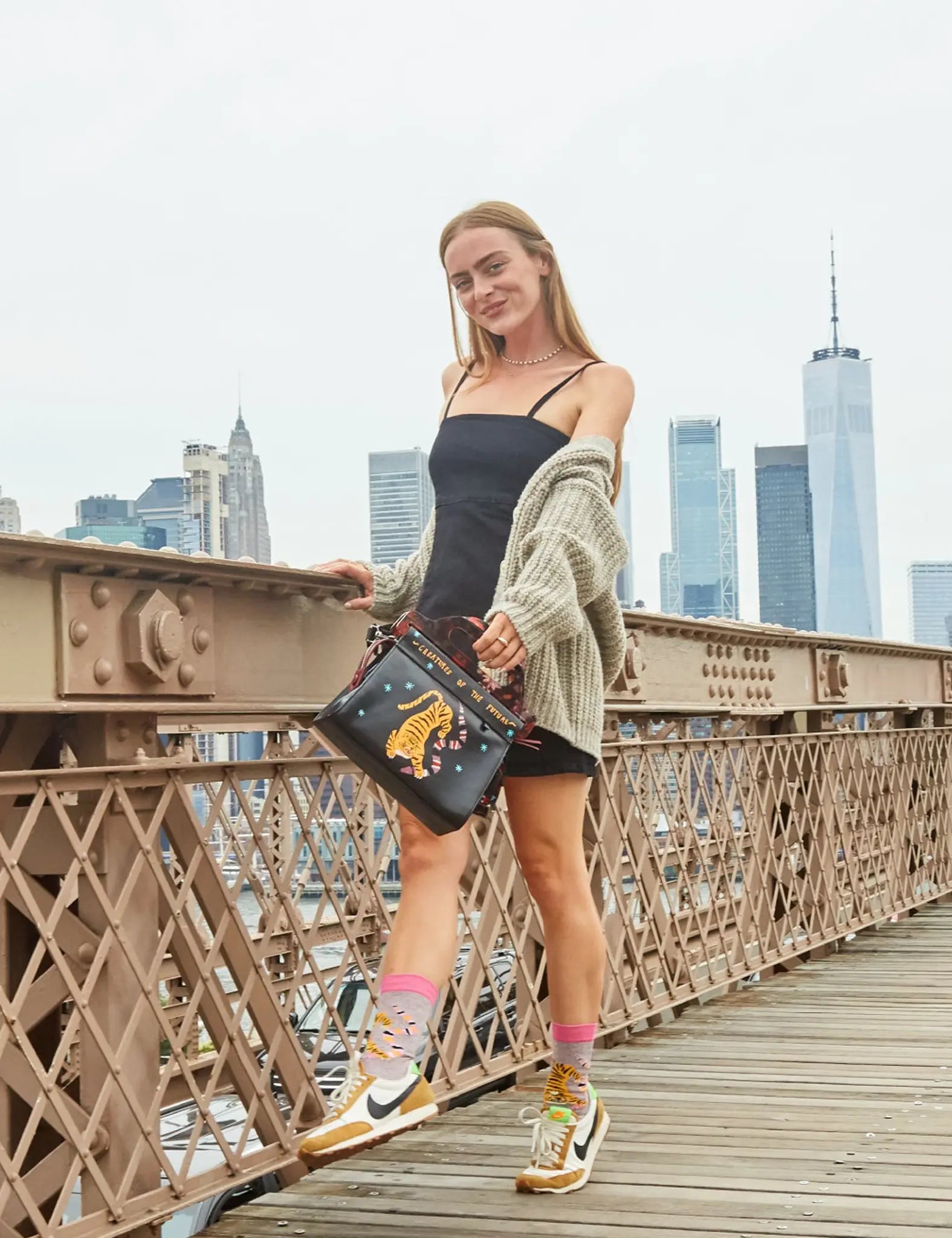 Vali Black Leather Crossbody Handbag Plastic Handle - Tiger And Snake Print