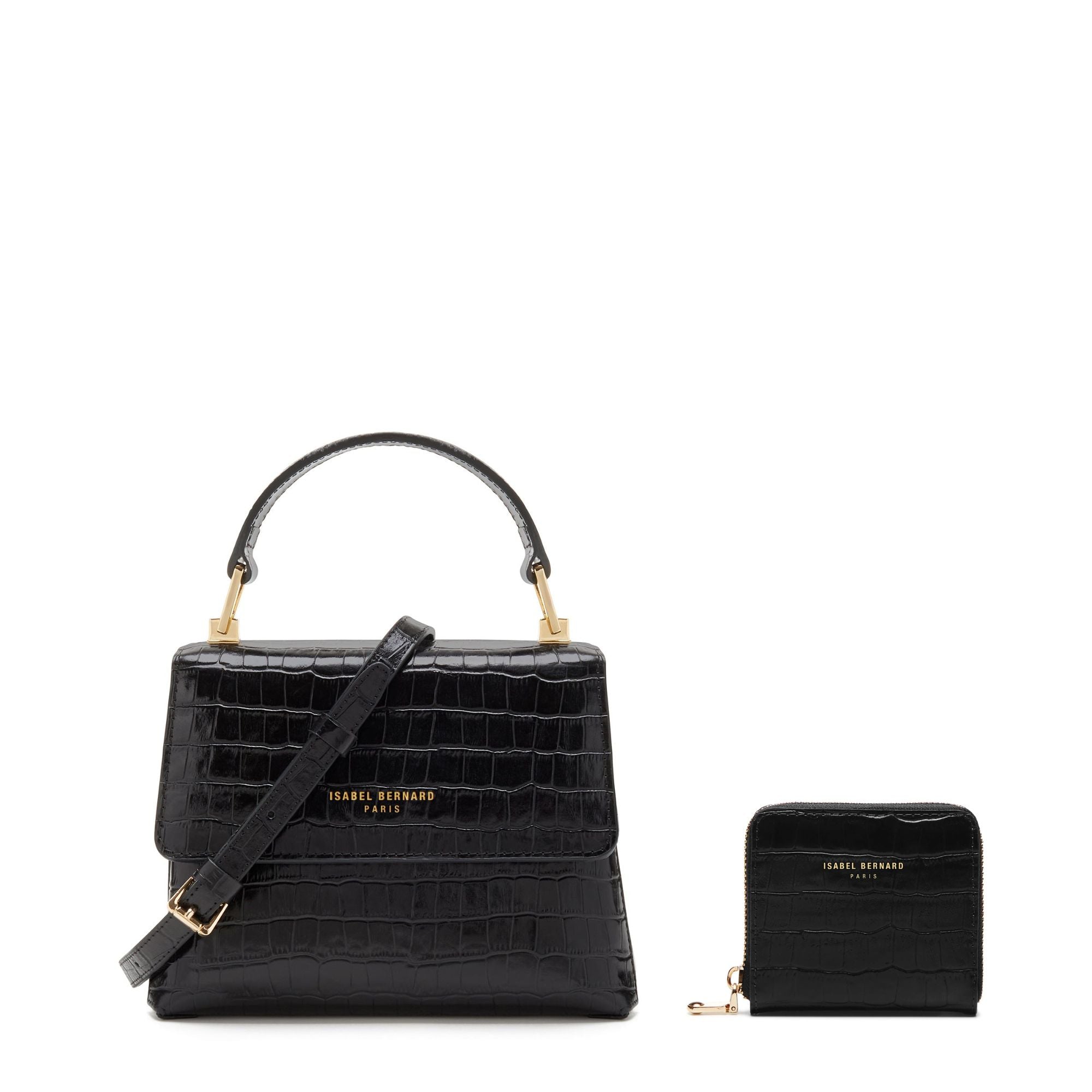 Cadeau d'Isabel croco black calfskin leather handbag and wallet set