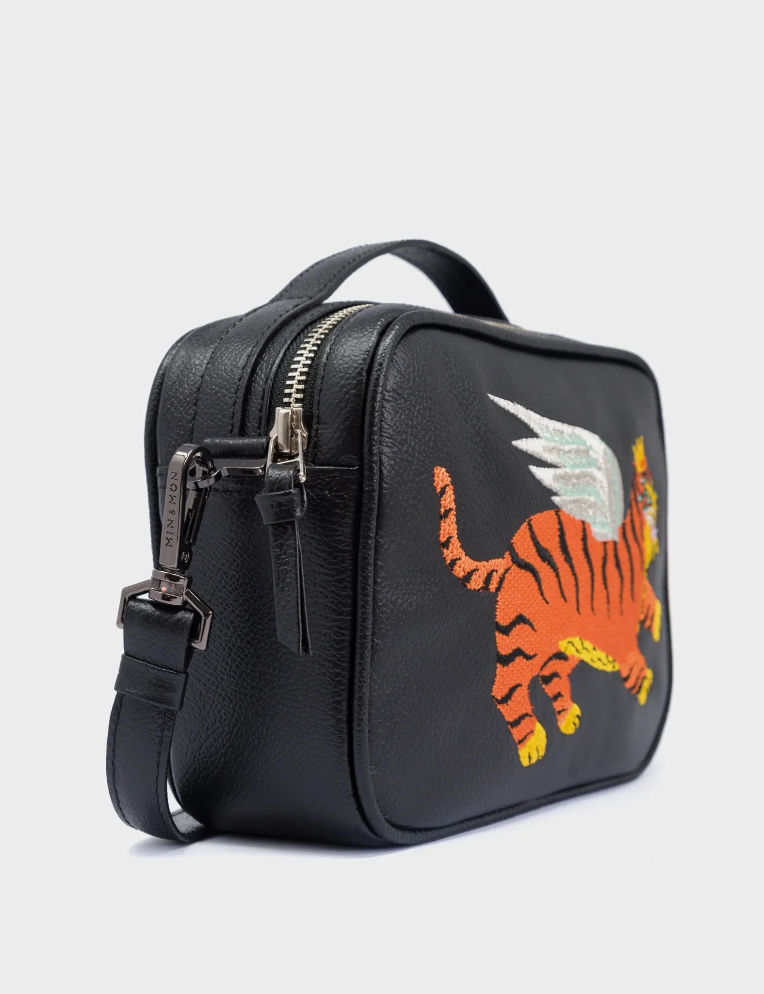Verto Crossbody Black Leather Handbag - Flying Tiger Embroidery