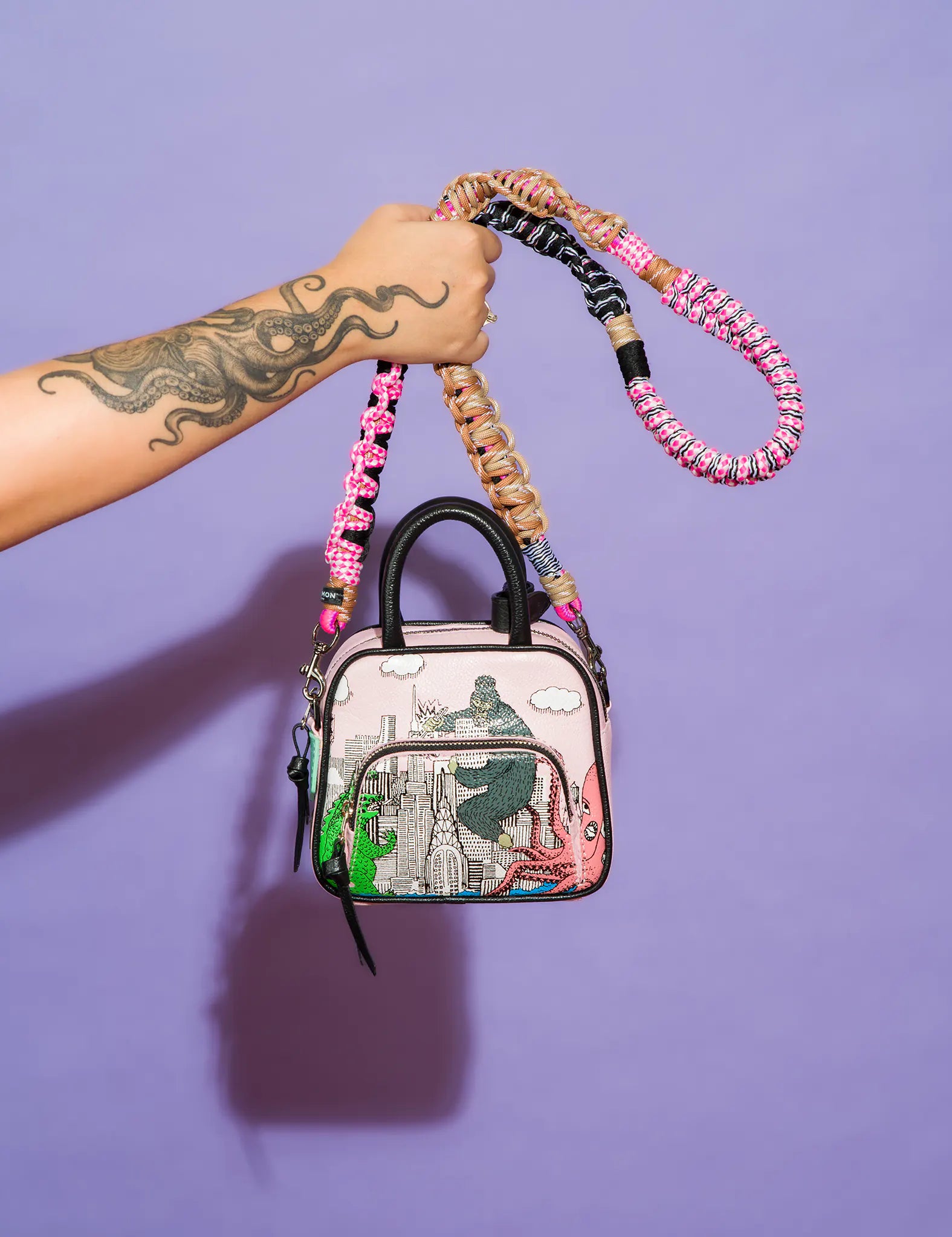 Marino Mini Crossbody Parfait Pink Leather Bag - Hairy Harold Print