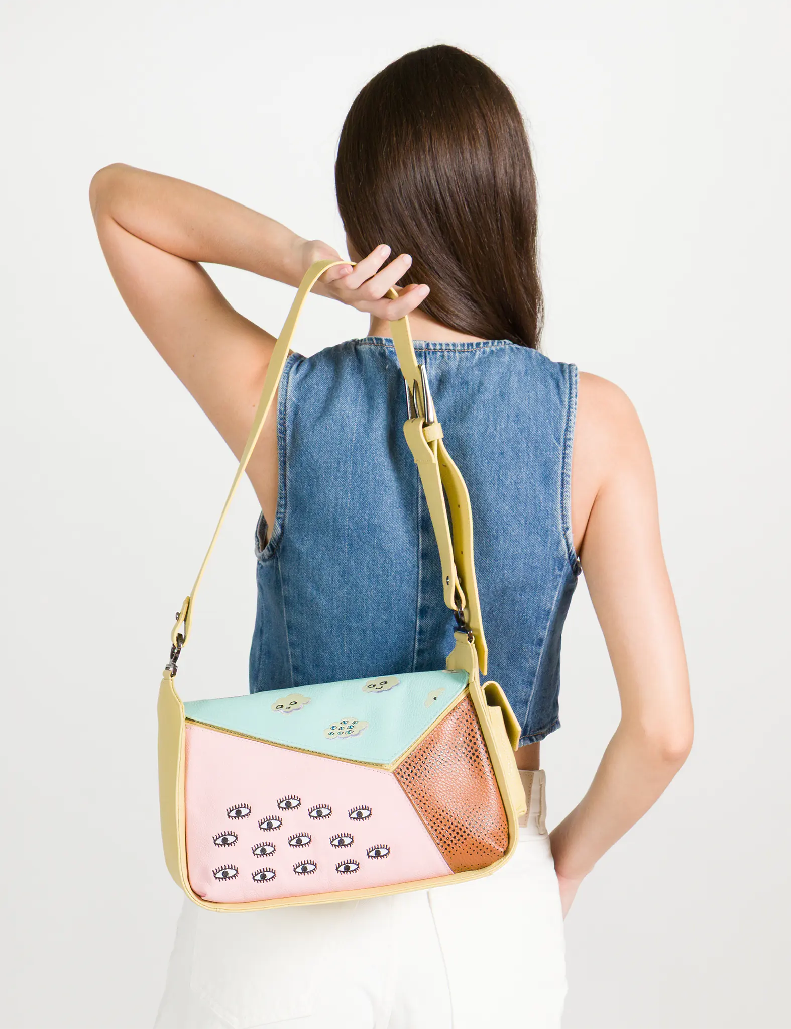 Houston Cocoon Leather Shoulder Bag - Happy Clouds Embroidery