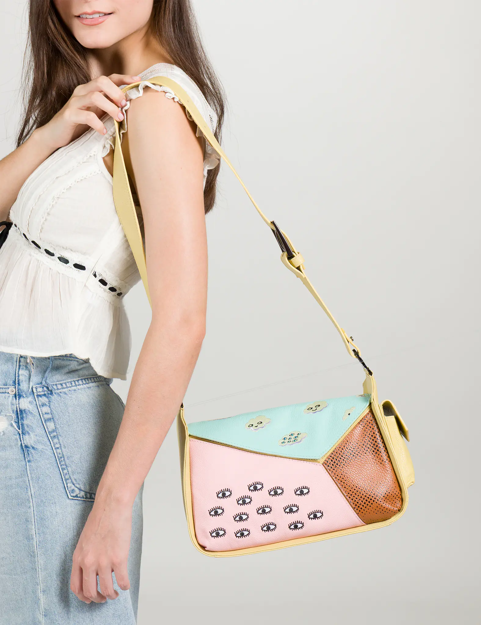 Houston Cocoon Leather Shoulder Bag - Happy Clouds Embroidery