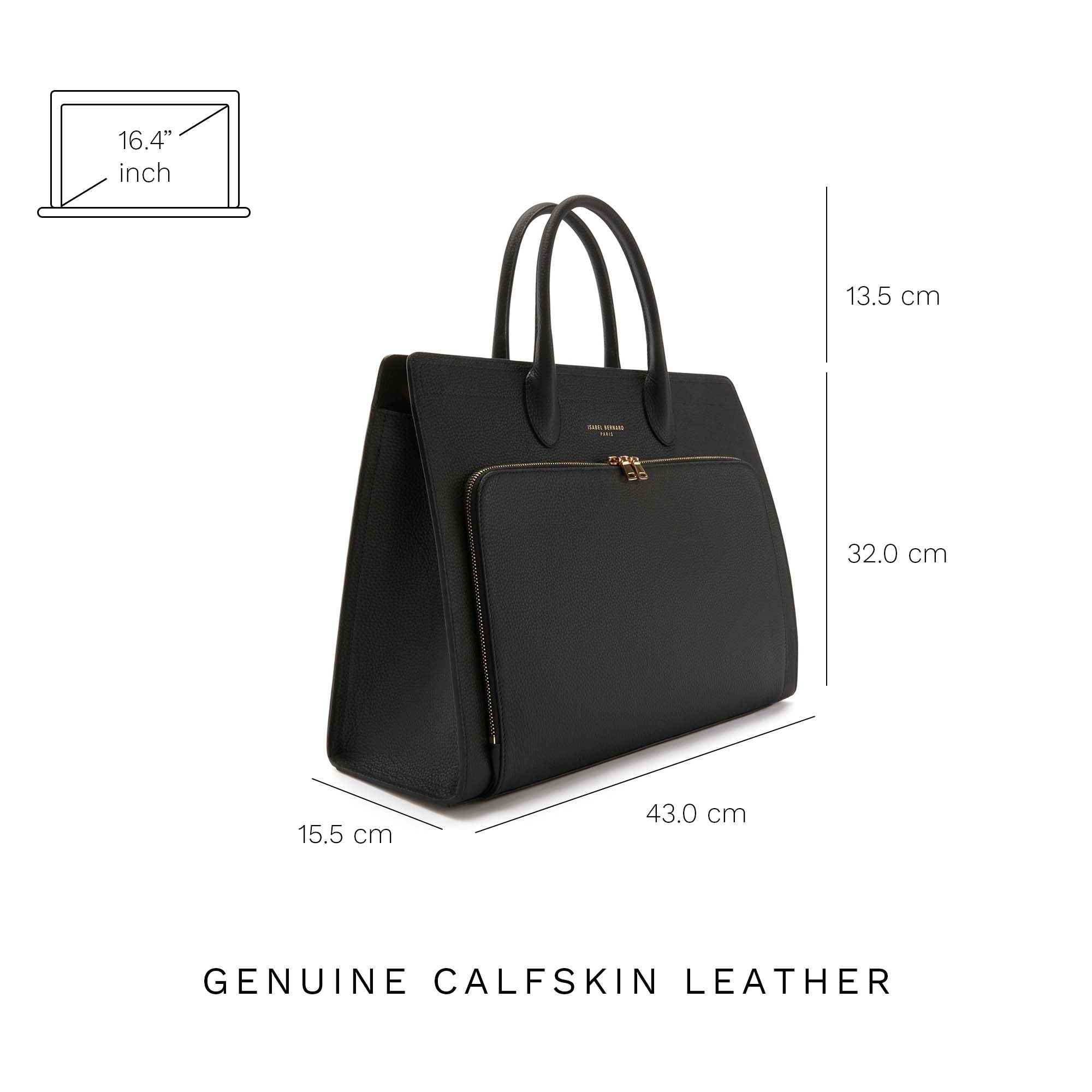Honoré Nadine black calfskin leather handbag with 16.4 inch laptop pocket