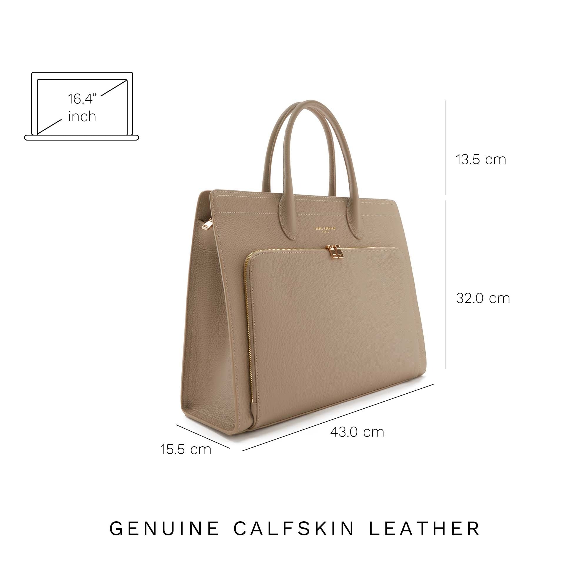 Honoré Nadine taupe calfskin leather handbag with 16.4 inch laptop pocket