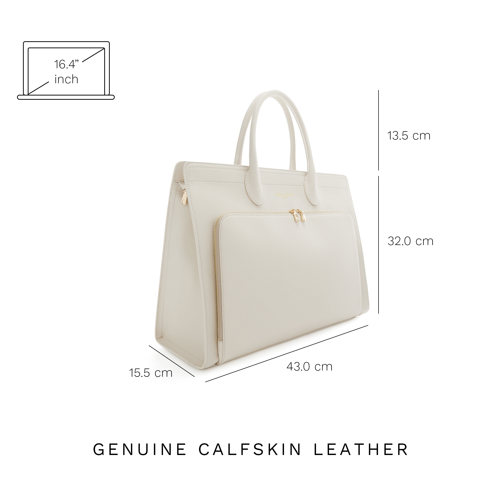 Honoré Nadine cream calfskin leather handbag with 16.4 inch laptop pocket