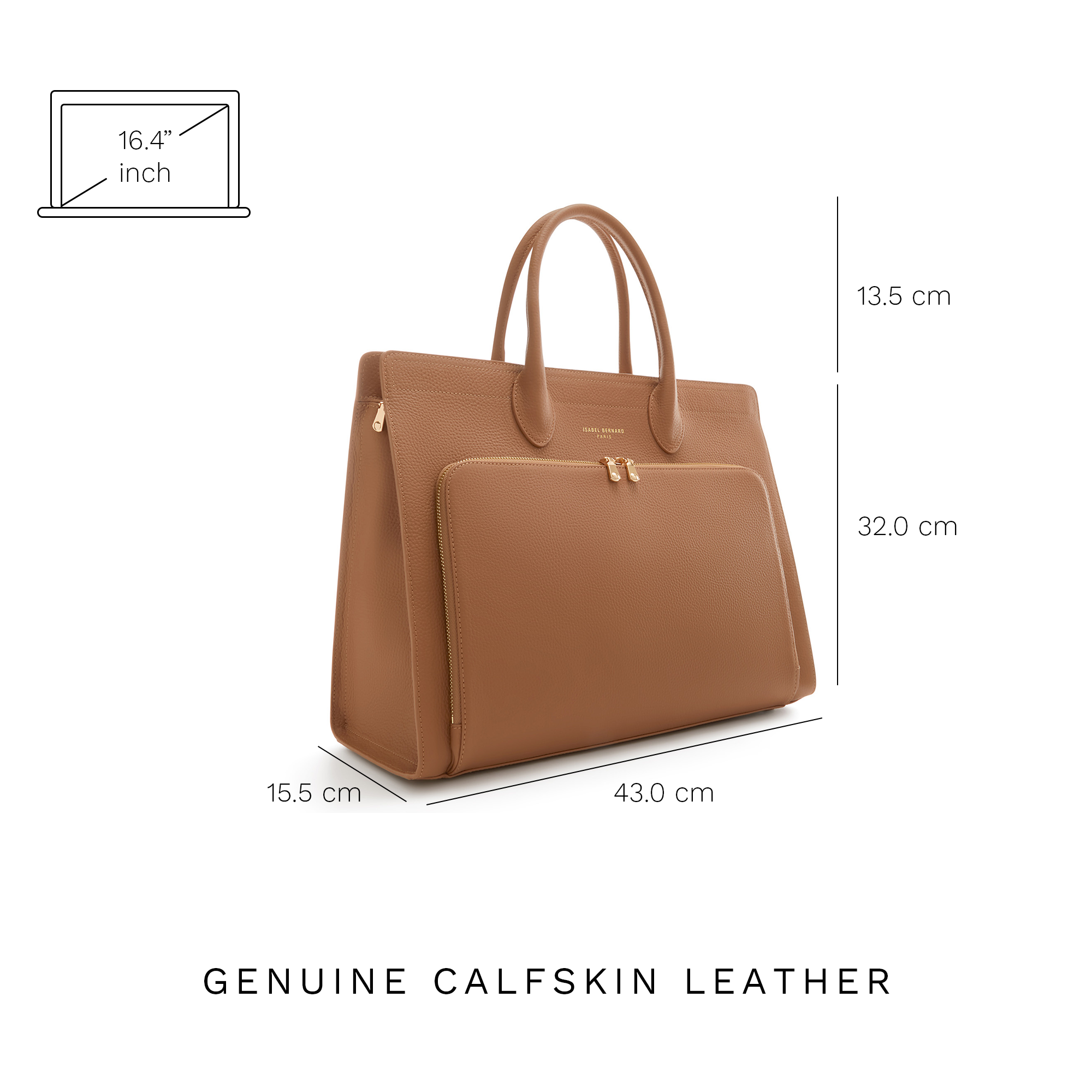 Honoré Nadine camel calfskin leather handbag with 16.4 inch laptop pocket