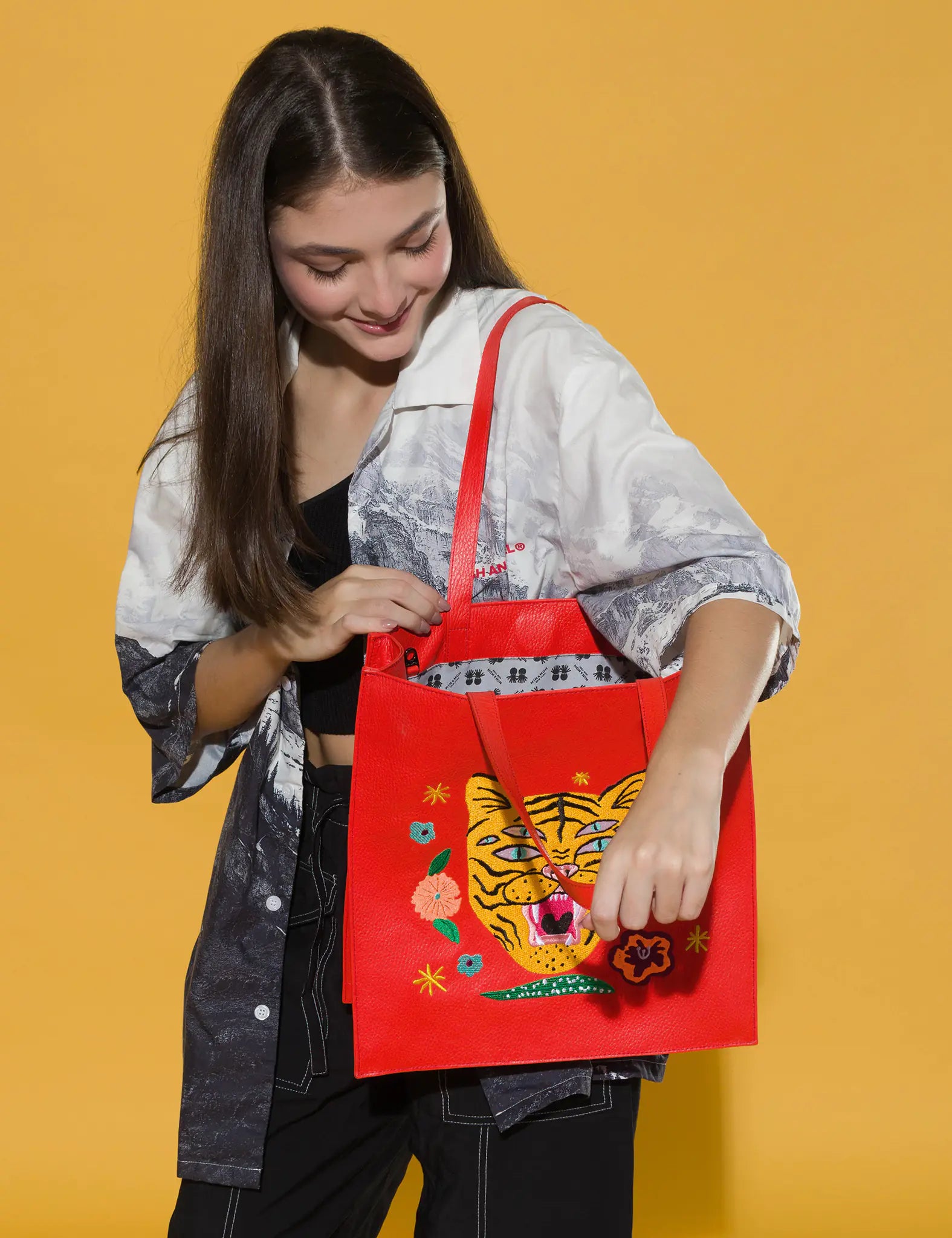 Marko Fiesta Red Leather Tote Bag - Tiger and Flowers Embroidery