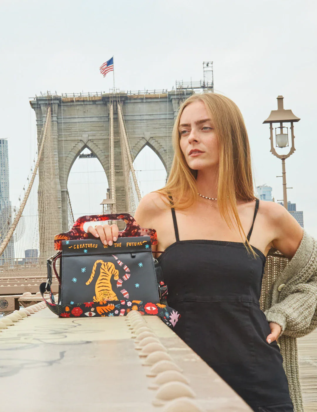 Vali Black Leather Crossbody Handbag Plastic Handle - Tiger And Snake Print