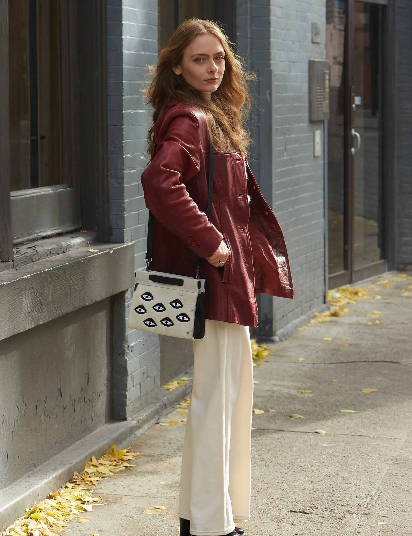 Vali Crossbody Small Cream Leather Bag - Eyes Applique Adjustable Handle