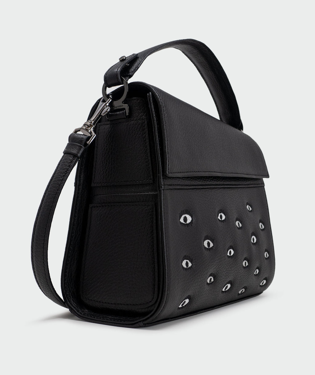 Anastasio Medium Crossbody Handbag Black Leather - All Over Eyes Embroidery