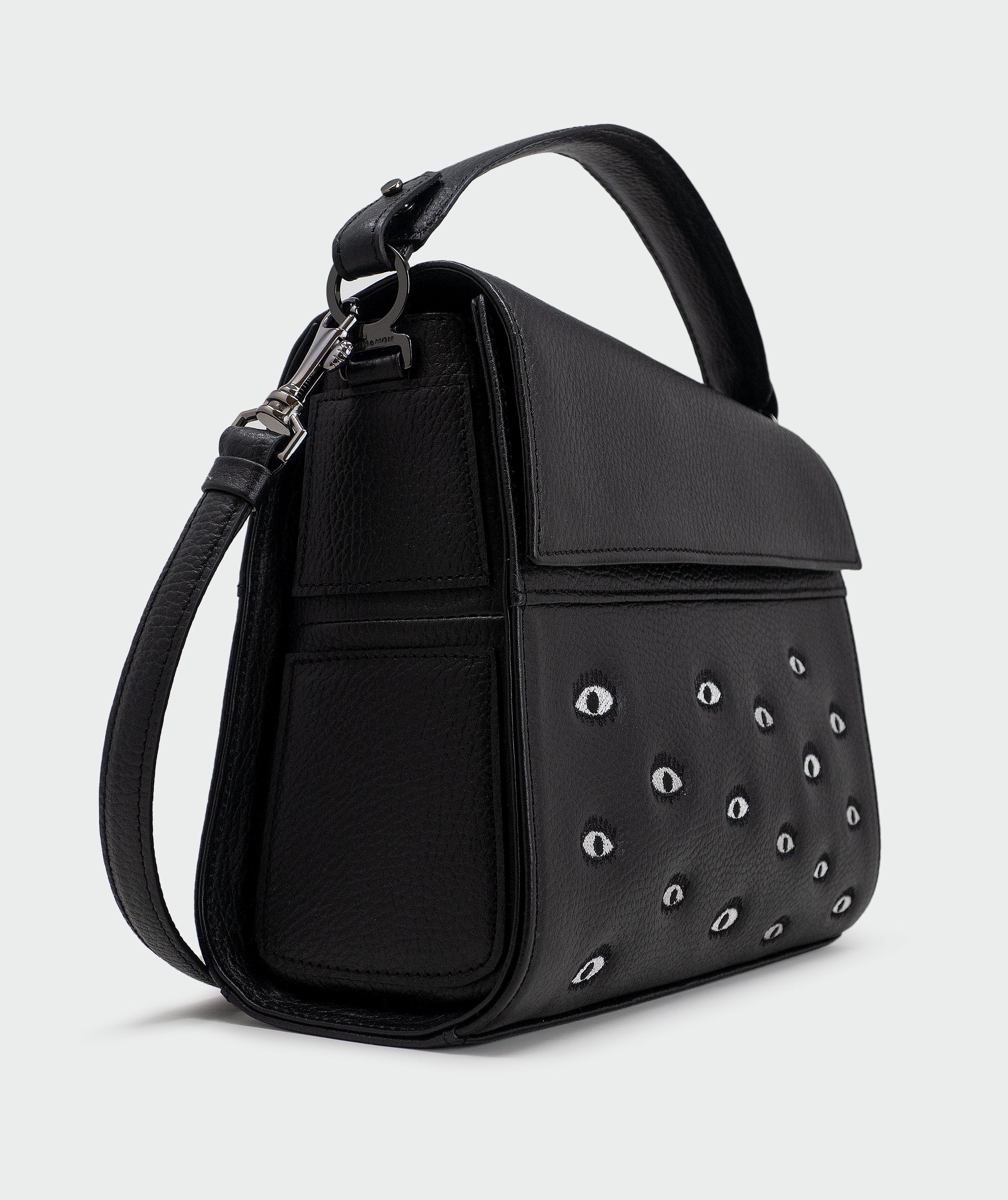 Anastasio Medium Crossbody Handbag Black Leather - All Over Eyes Embroidery