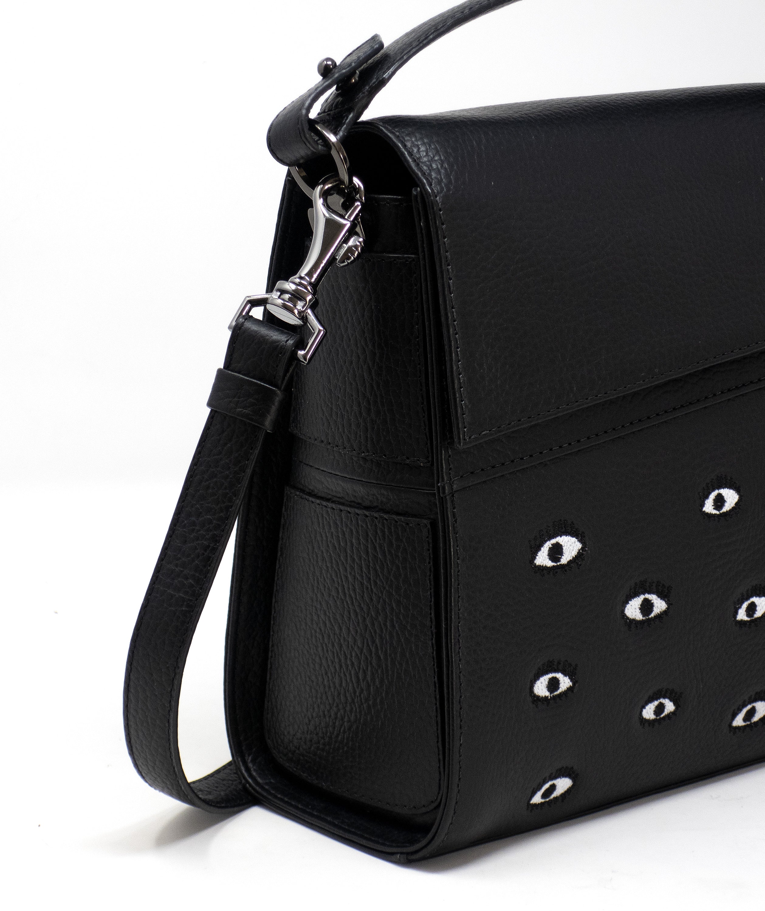 Anastasio Medium Crossbody Handbag Black Leather - All Over Eyes Embroidery