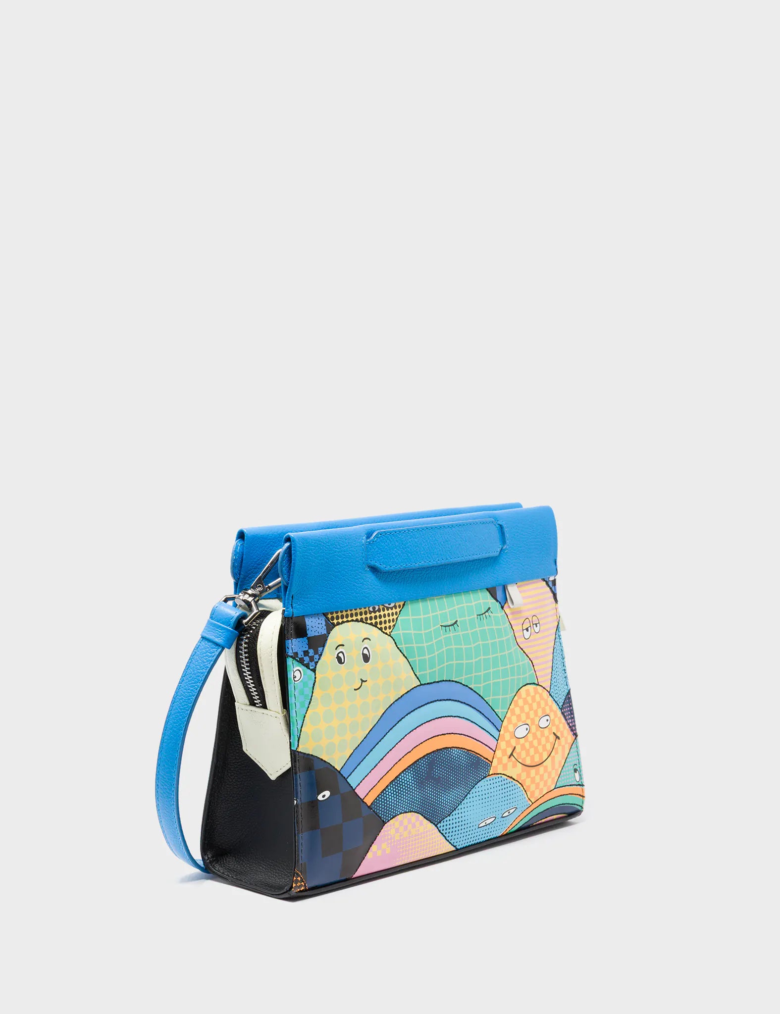 Vali Small Crossbody Ibiza Blue and Black Leather Bag - Happy Mountains Print