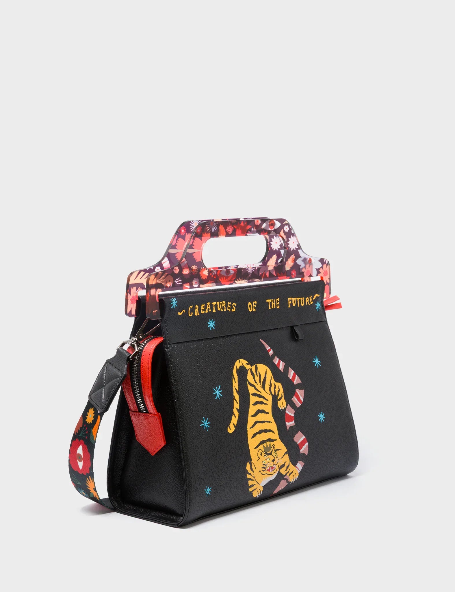 Vali Black Leather Crossbody Handbag Plastic Handle - Tiger And Snake Print