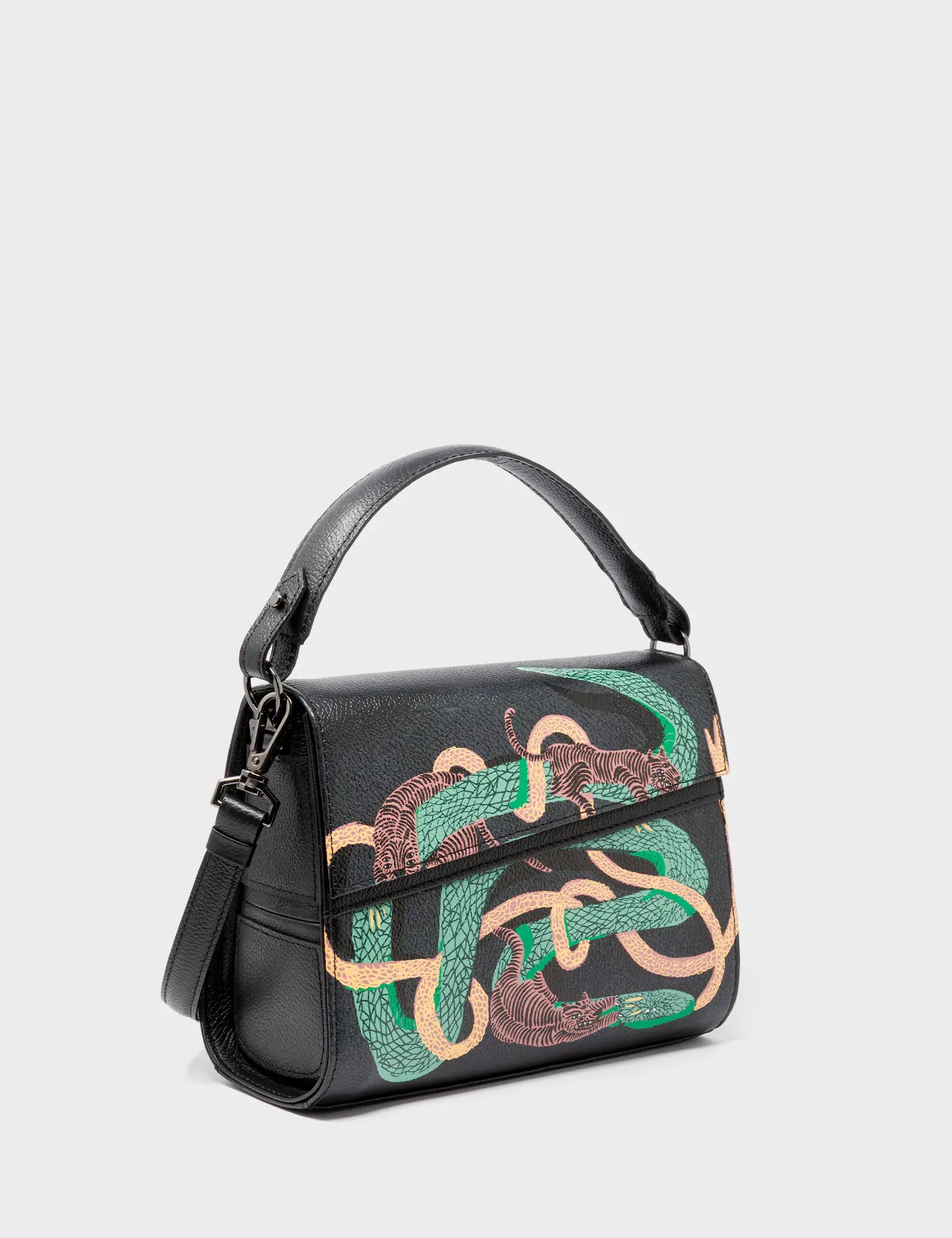 Anastasio Mini Crossbody Handbag Black Leather - Tiger and Snake Print