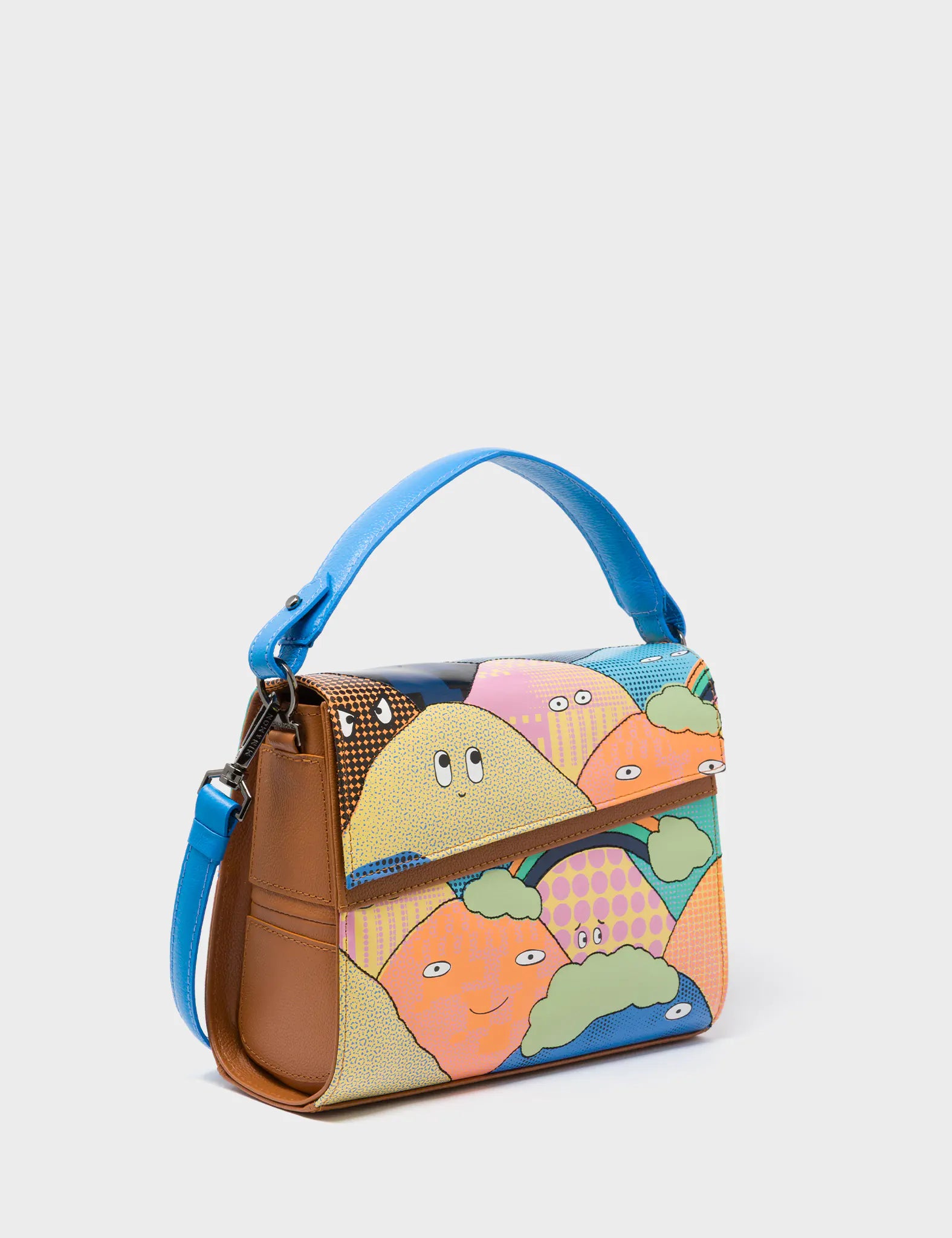 Anastasio Mini Crossbody Handbag Ibiza Blue and Caramel Leather - Happy Mountains Print