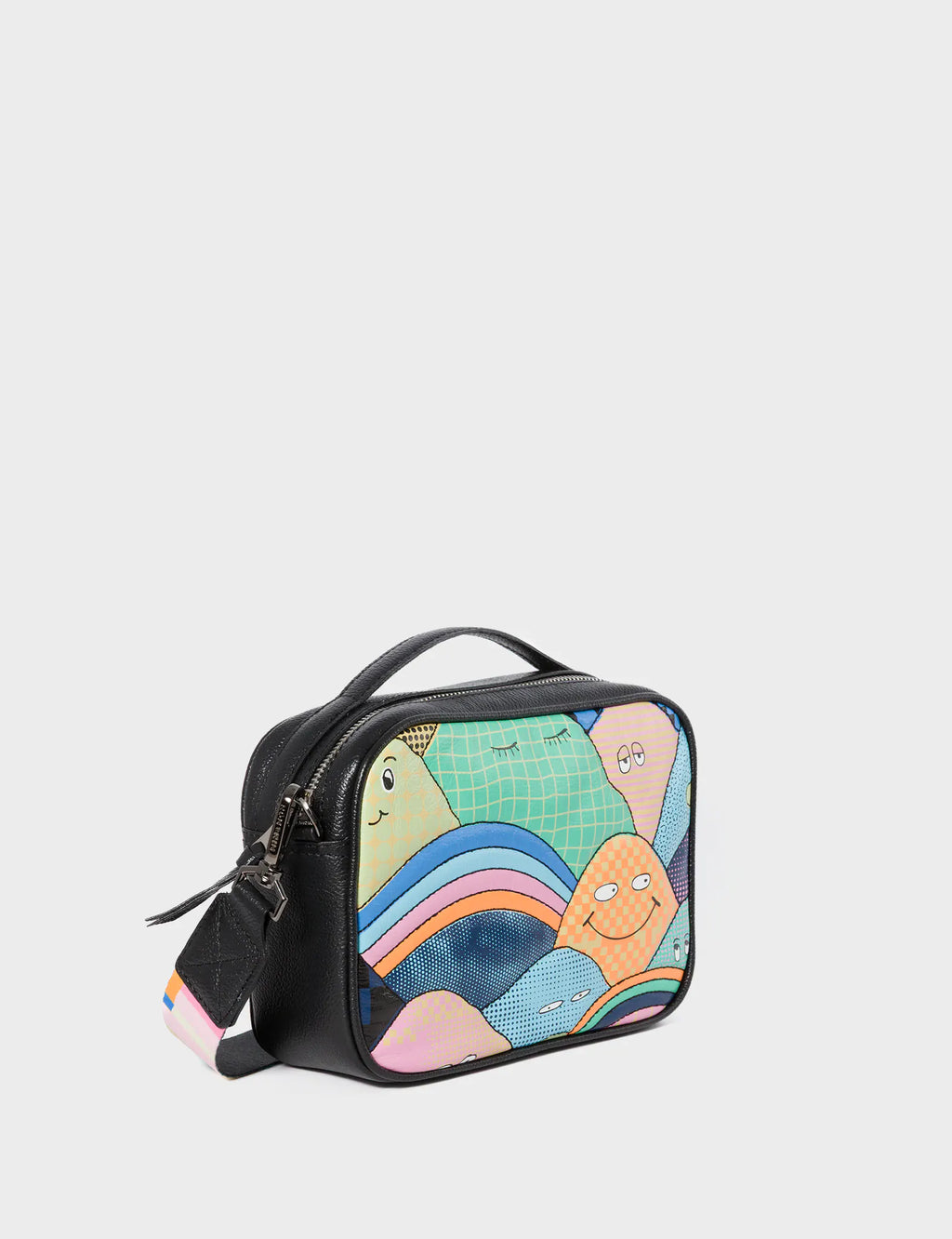Verto Black Leather Crossbody Bag - Happy Mountains Print