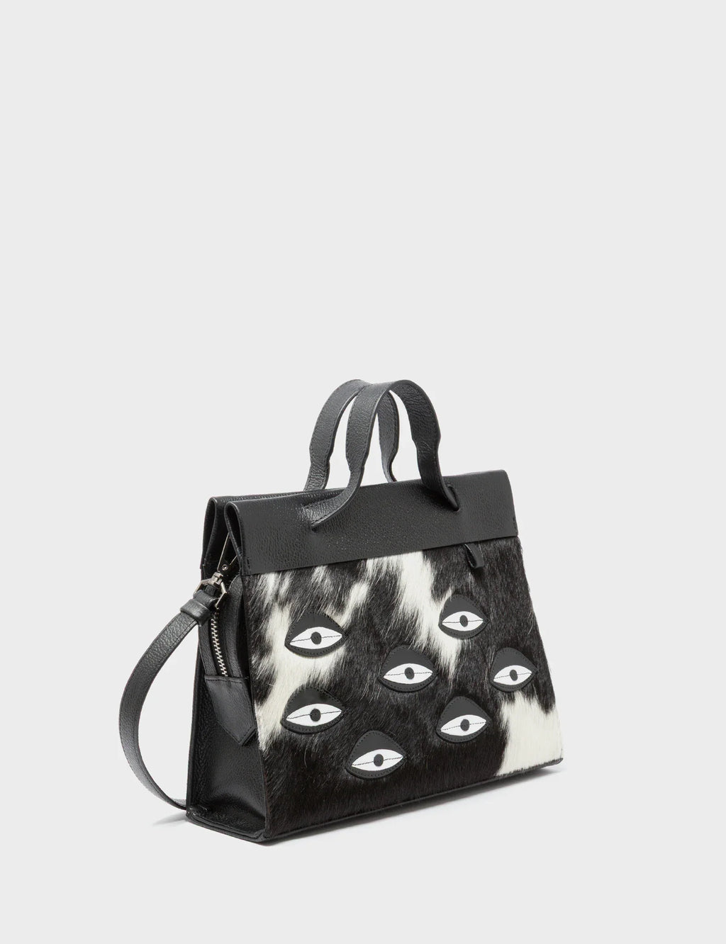 Vali Crossbody Small Black Leather Bag - Eyes Applique Adjustable Handle