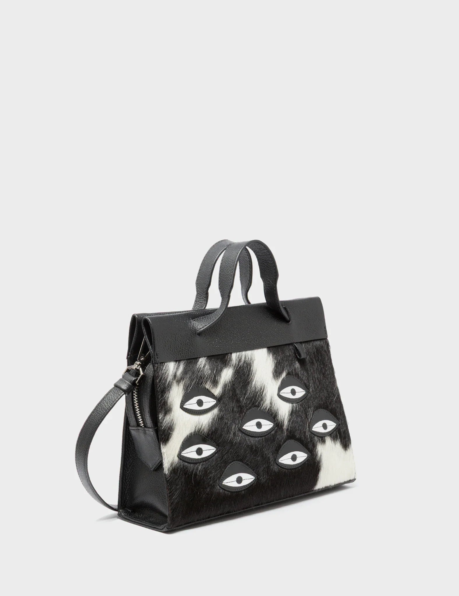 Vali Crossbody Small Black Leather Bag - Eyes Applique Adjustable Handle