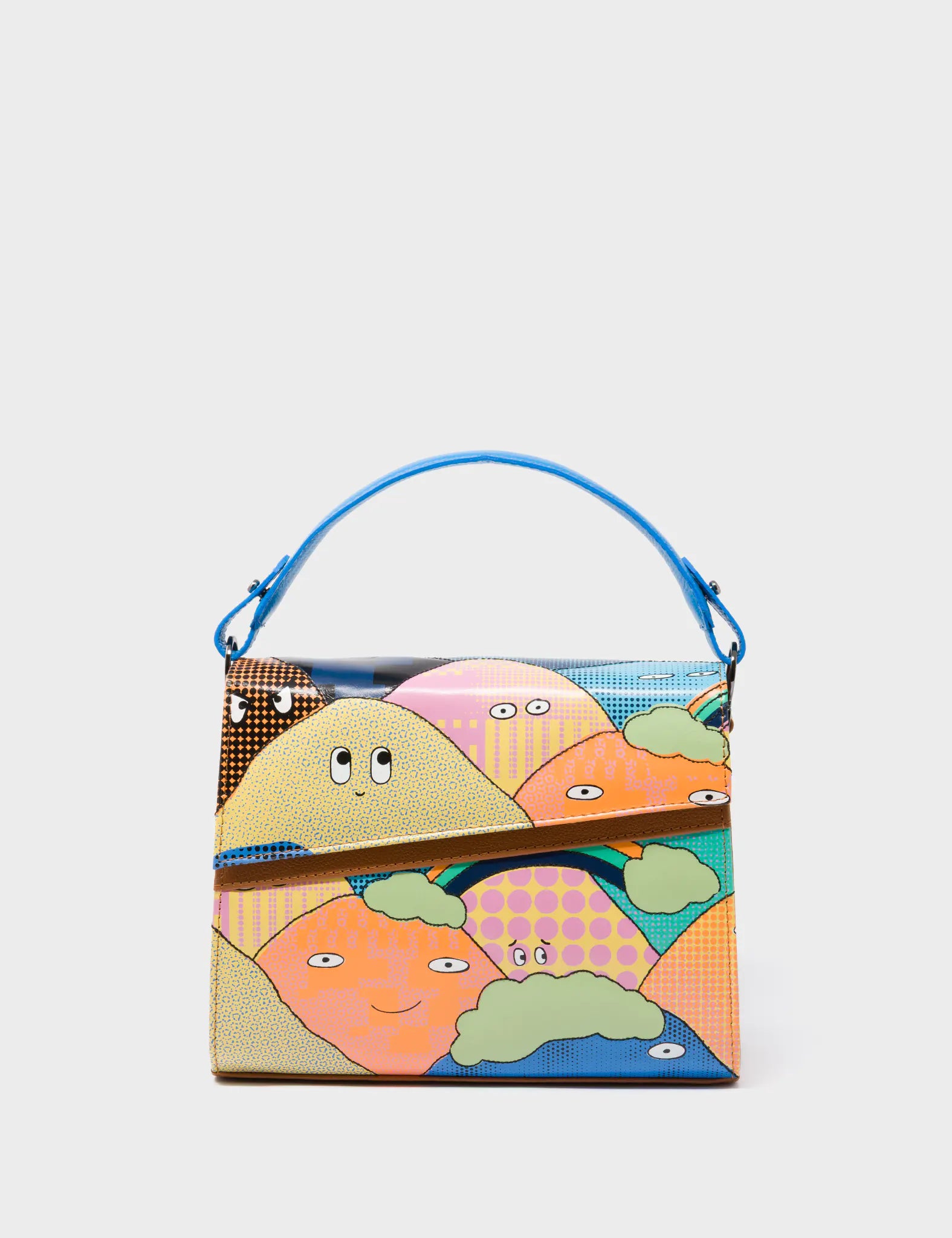 Anastasio Mini Crossbody Handbag Ibiza Blue and Caramel Leather - Happy Mountains Print