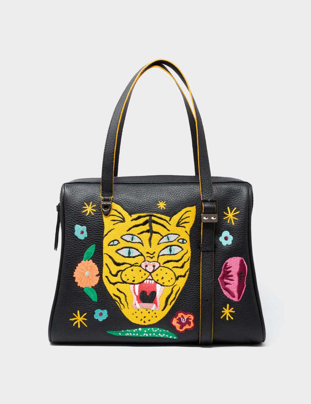 Esther Black Satchel Bag - Tiger and Flowers Embroidery