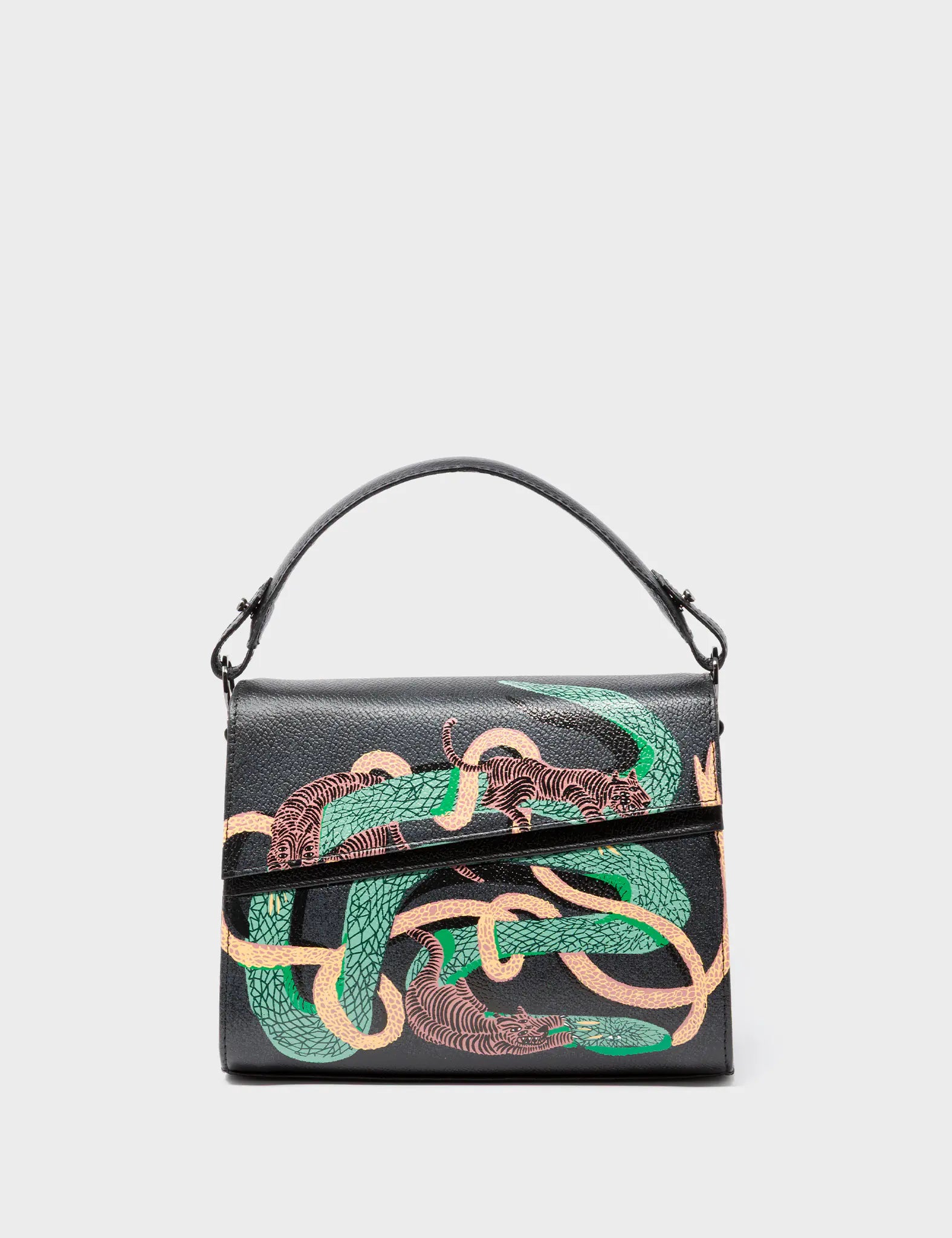 Anastasio Mini Crossbody Handbag Black Leather - Tiger and Snake Print