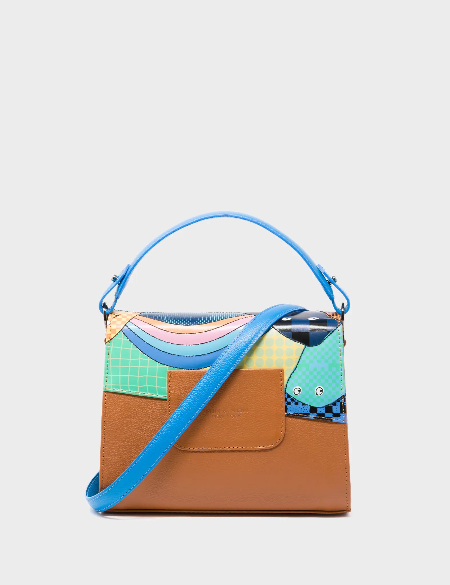 Anastasio Mini Crossbody Handbag Ibiza Blue and Caramel Leather - Happy Mountains Print