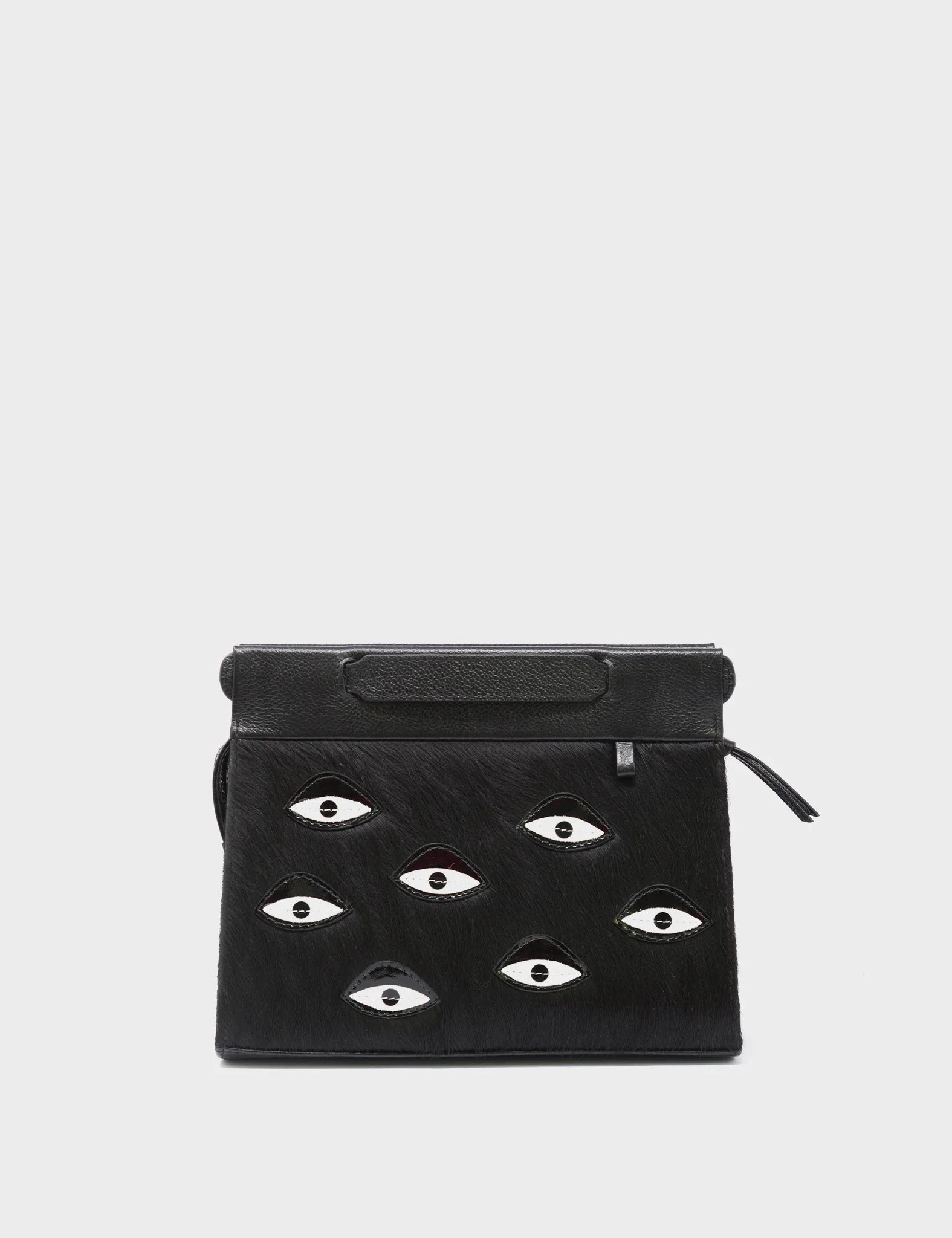 Vali Crossbody Small Black Leather Bag - Eyes Applique Adjustable Handle