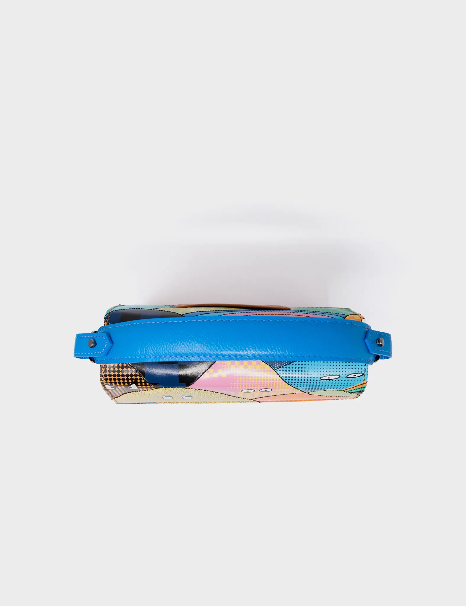 Anastasio Mini Crossbody Handbag Ibiza Blue and Caramel Leather - Happy Mountains Print
