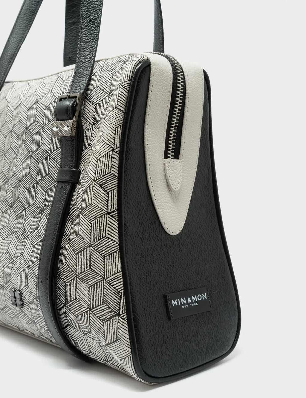 Esther Cream and Black Satchel Bag - Cubes Design