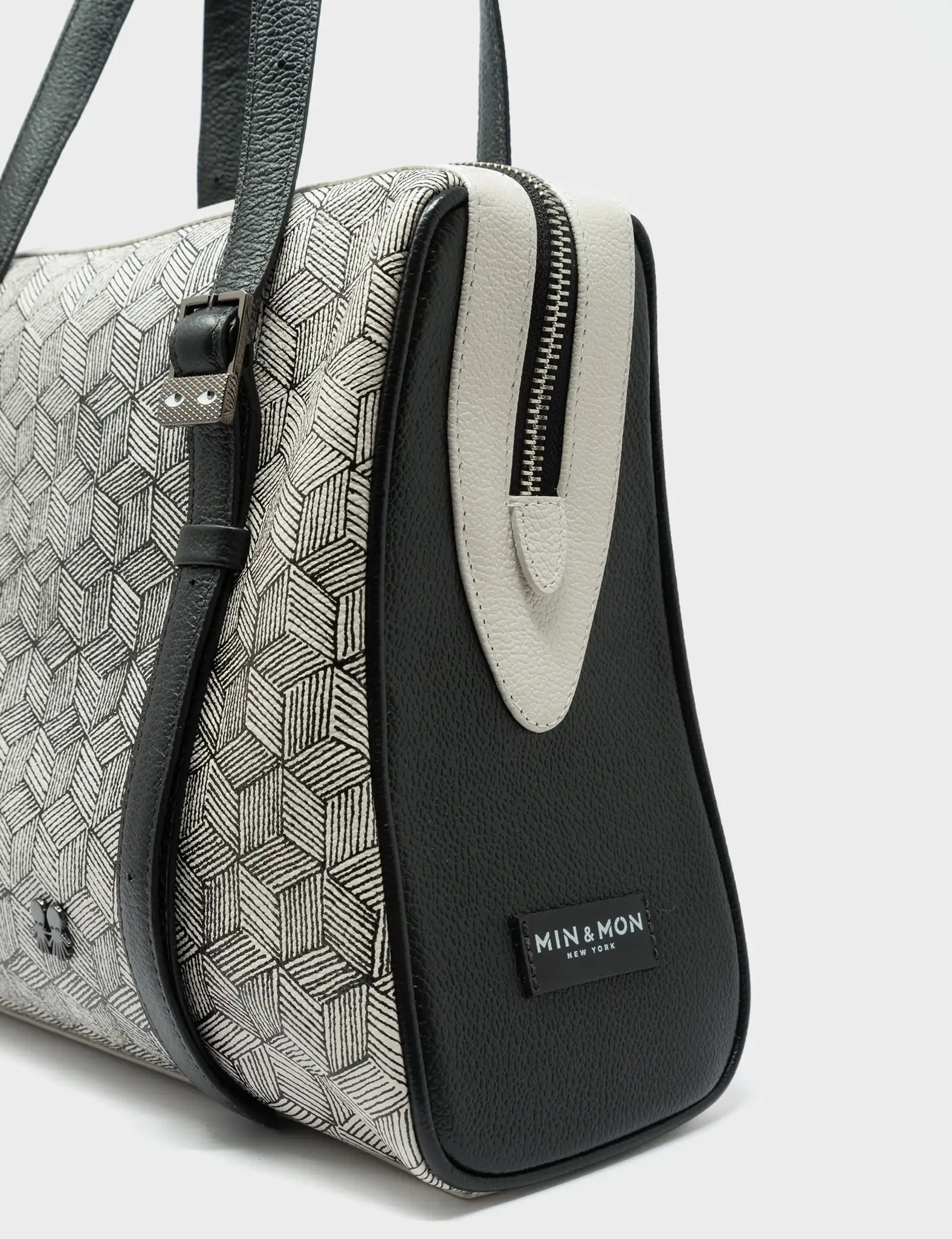 Esther Cream and Black Satchel Bag - Cubes Design