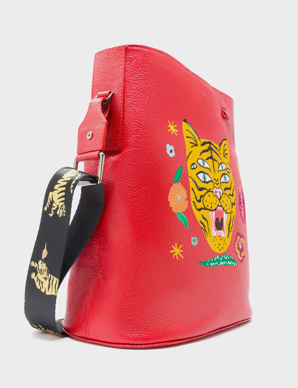 Vincent Jester Red Leather Shoulder Bag - Happy Tiger Embroidery