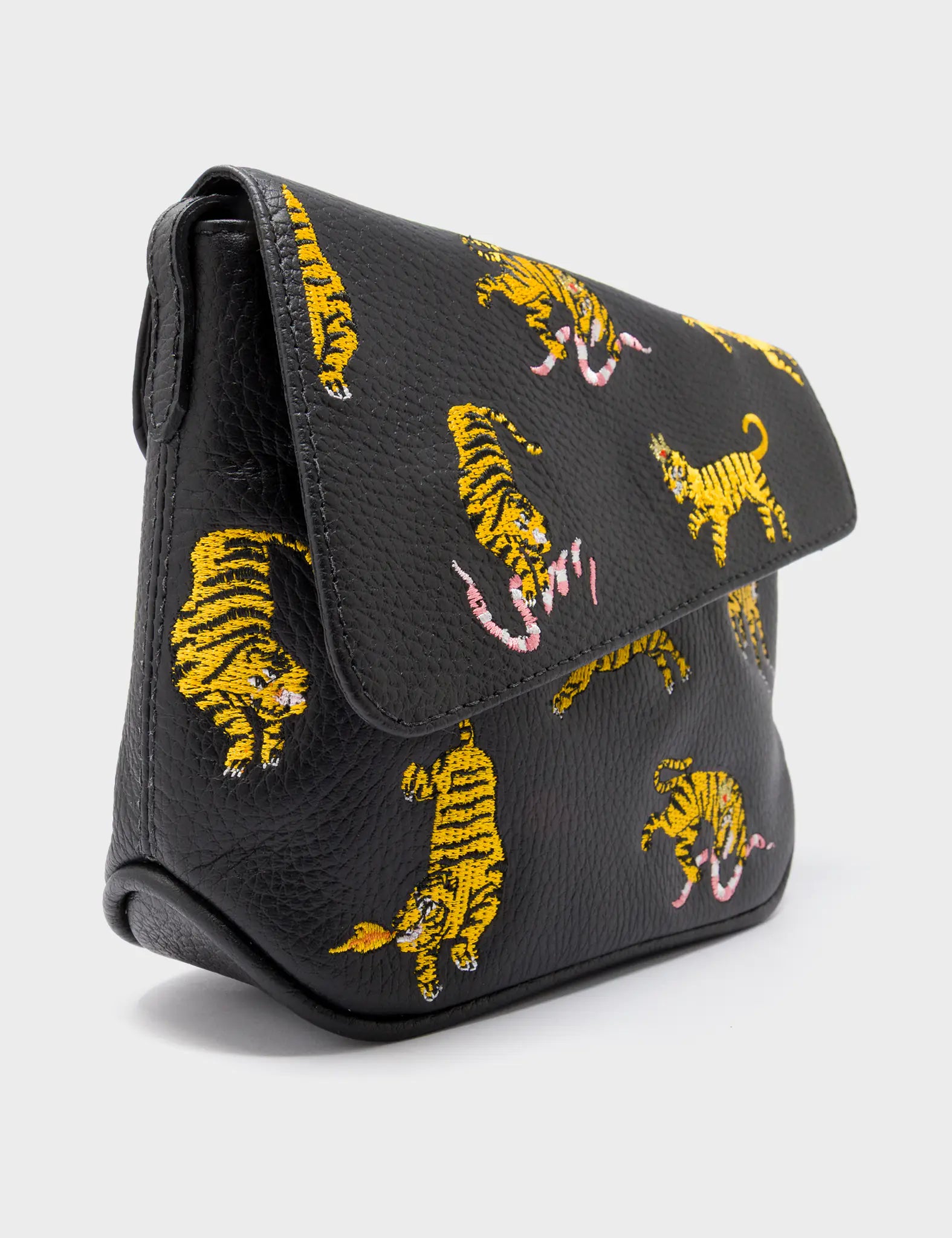 Bruno Mini Crossbody Black Leather Bag - Tiger Rumble Design