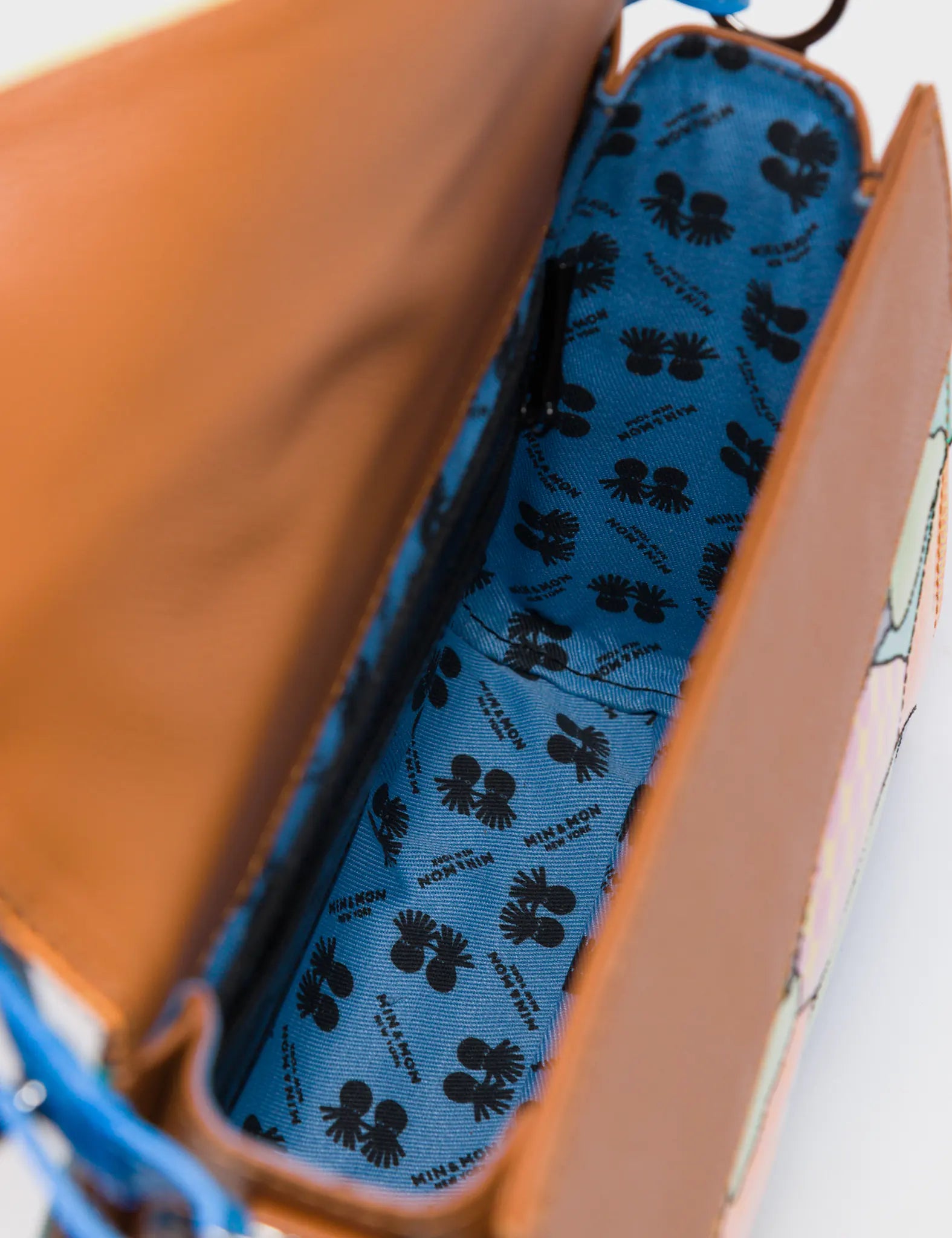 Anastasio Mini Crossbody Handbag Ibiza Blue and Caramel Leather - Happy Mountains Print