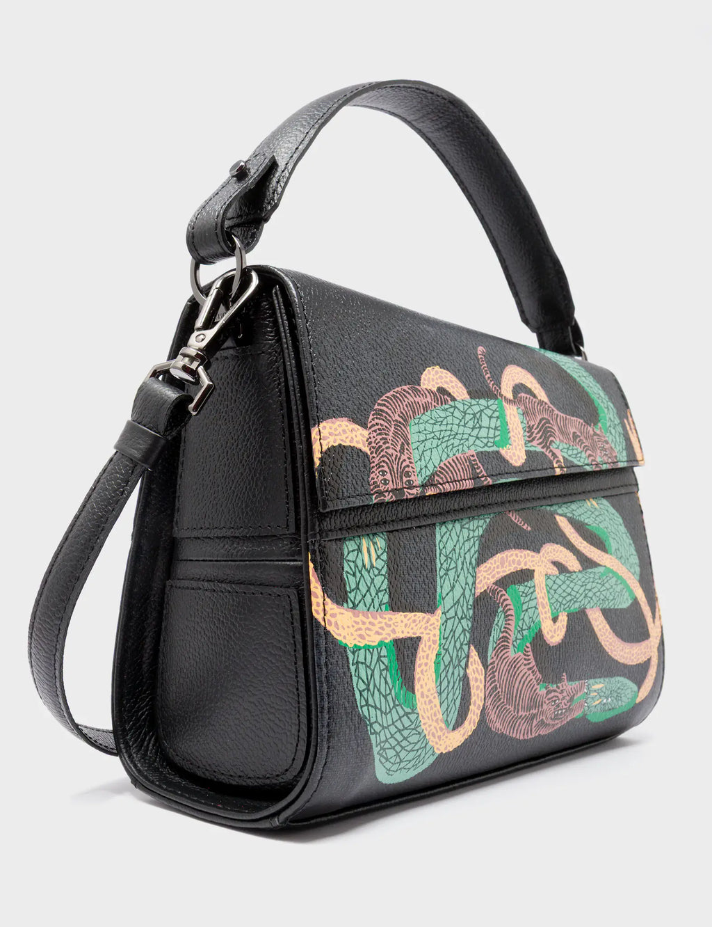 Anastasio Mini Crossbody Handbag Black Leather - Tiger and Snake Print