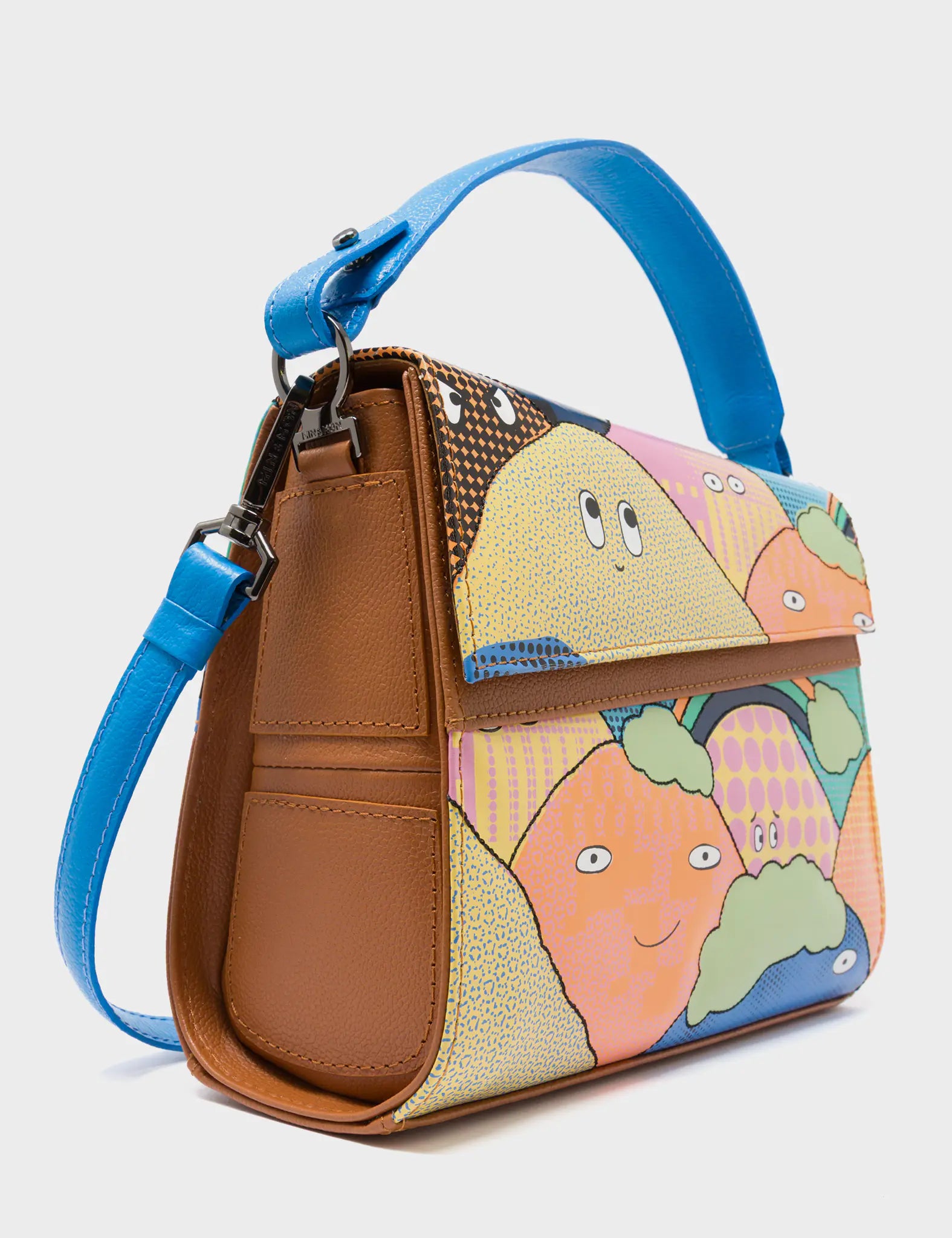 Anastasio Mini Crossbody Handbag Ibiza Blue and Caramel Leather - Happy Mountains Print
